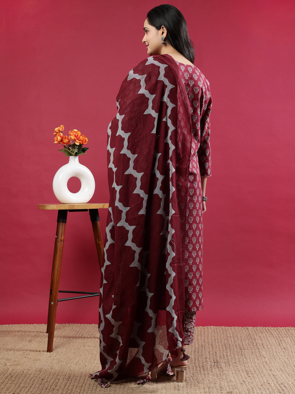 Maroon Printed Rayon Kurta Set with Striped Pants & Tassel Dupatta
