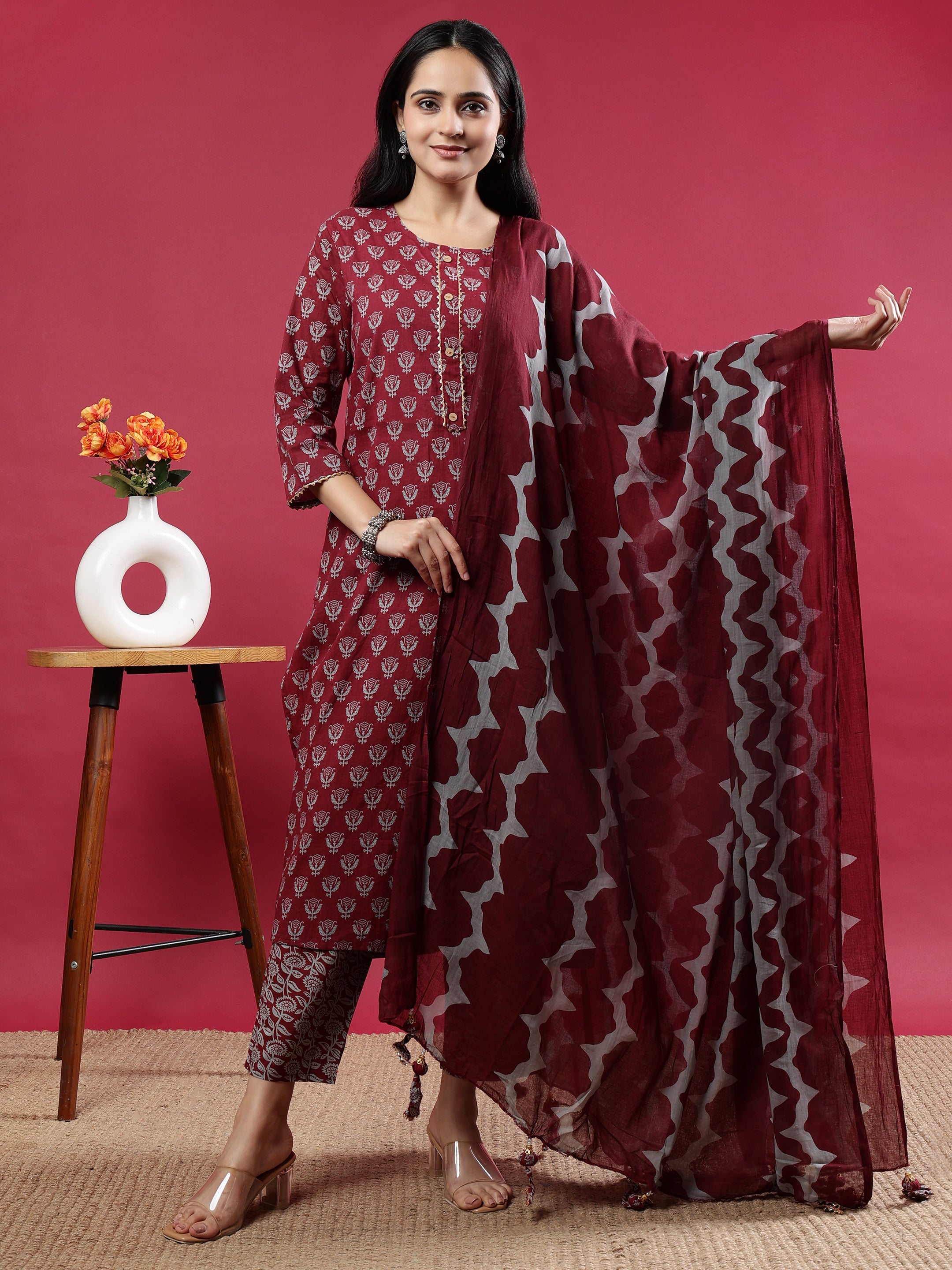Maroon Printed Rayon Kurta Set with Striped Pants & Tassel Dupatta