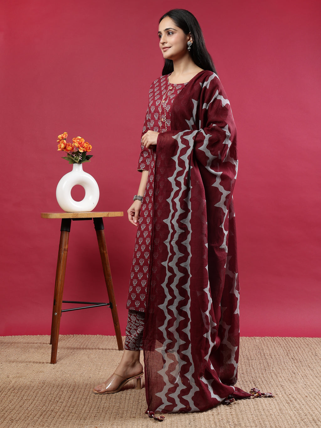 Maroon Printed Rayon Kurta Set with Striped Pants & Tassel Dupatta
