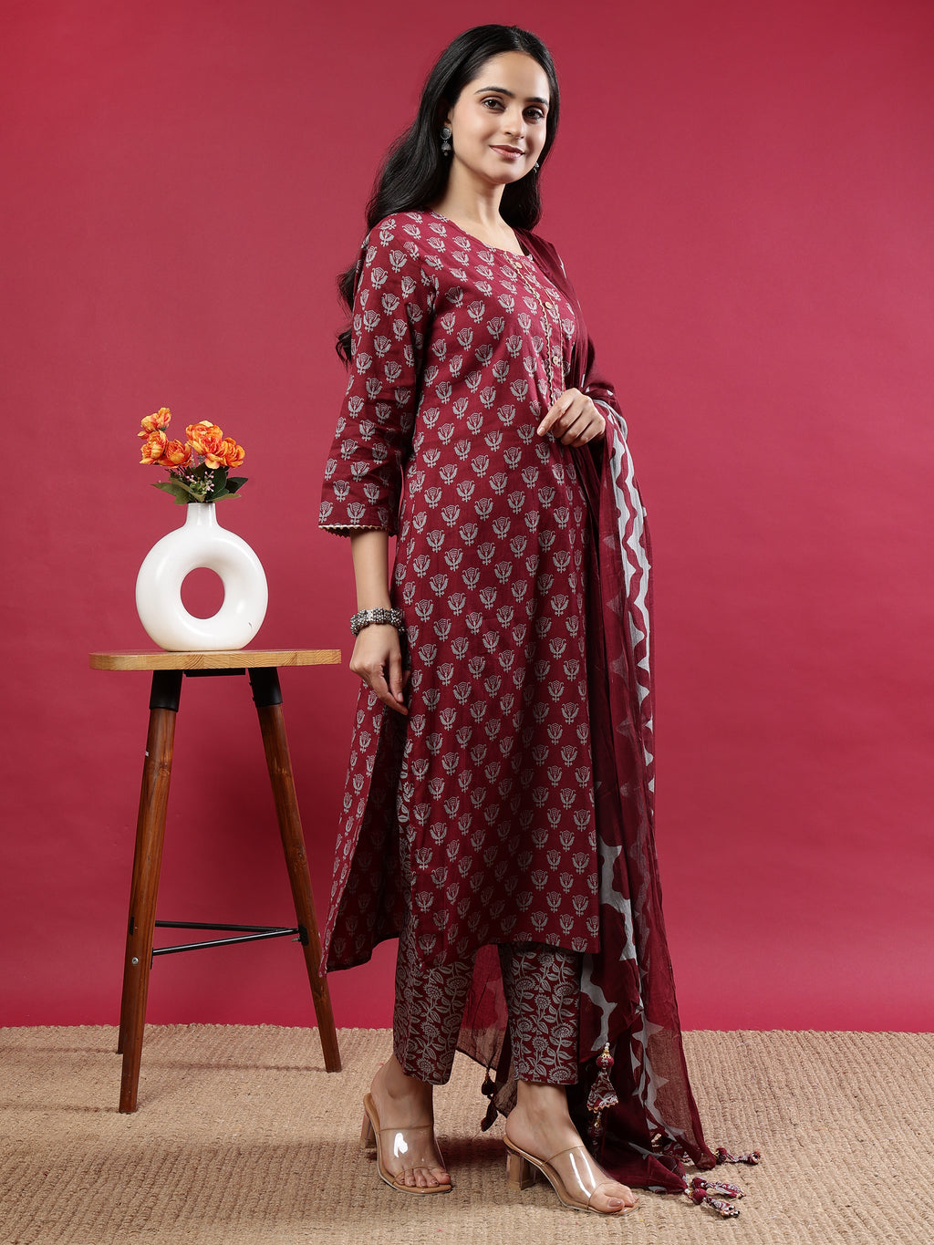 Maroon Printed Rayon Kurta Set with Striped Pants & Tassel Dupatta