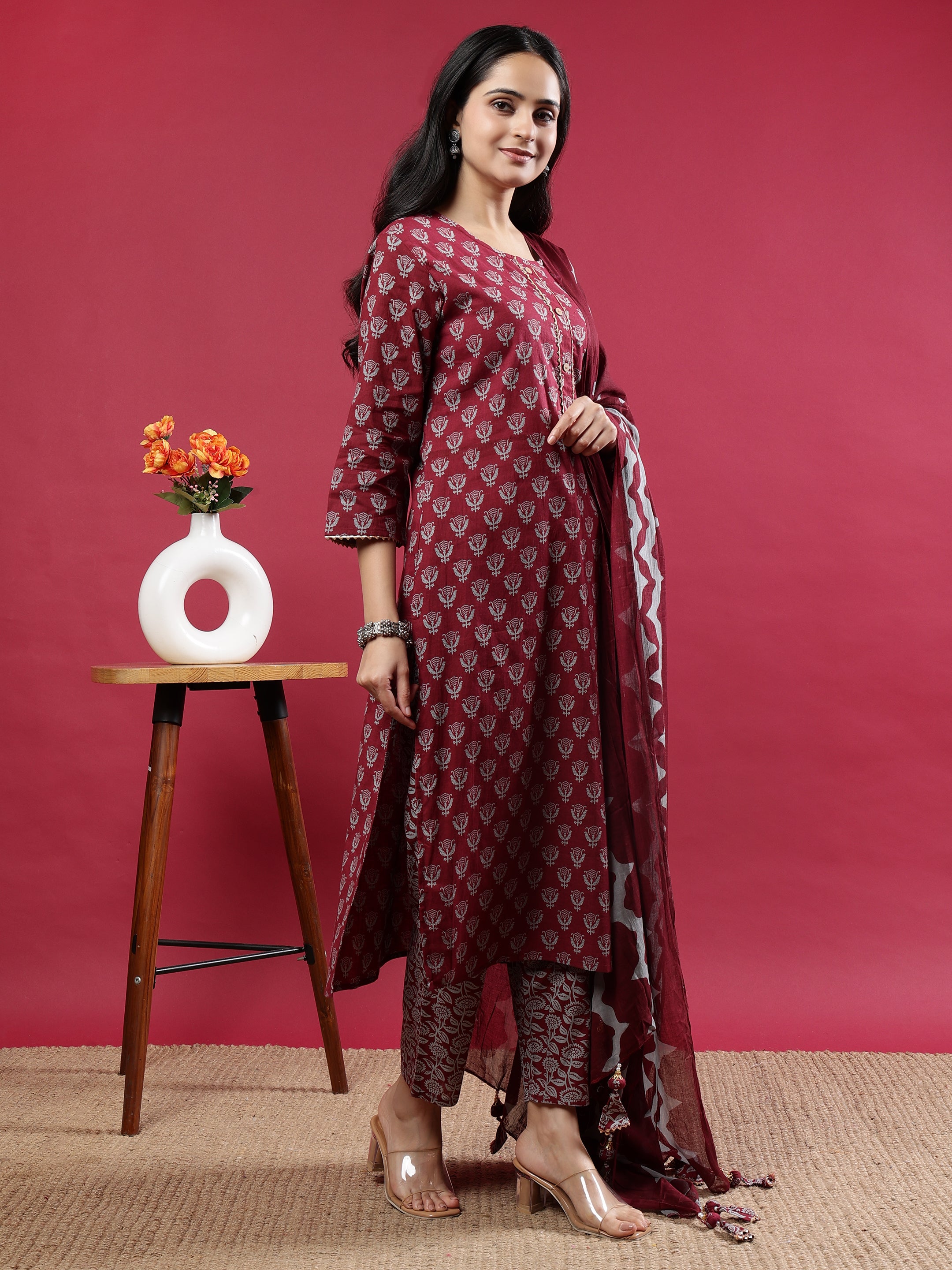 Maroon Printed Rayon Kurta Set with Striped Pants & Tassel Dupatta