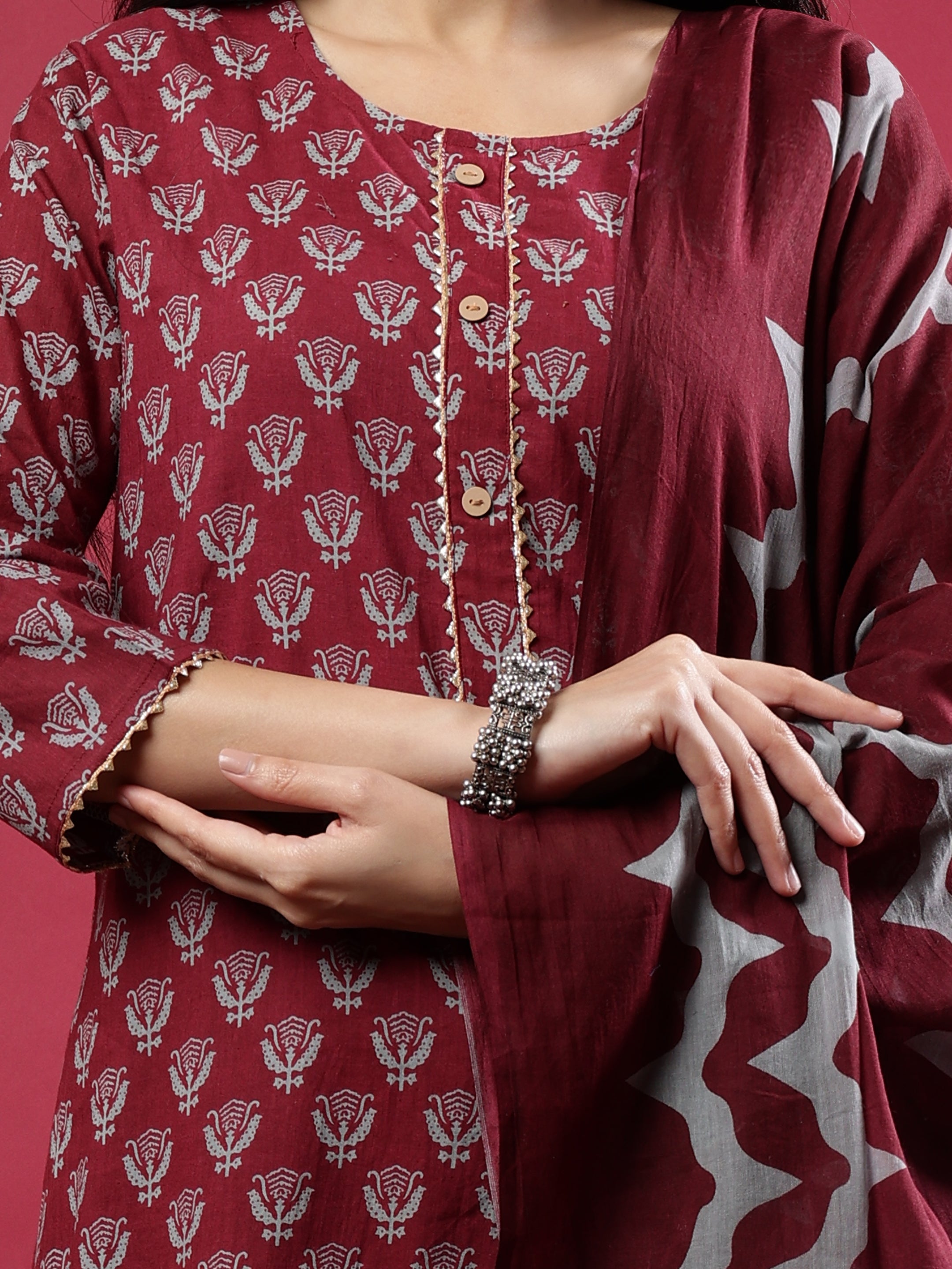 Maroon Printed Rayon Kurta Set with Striped Pants & Tassel Dupatta