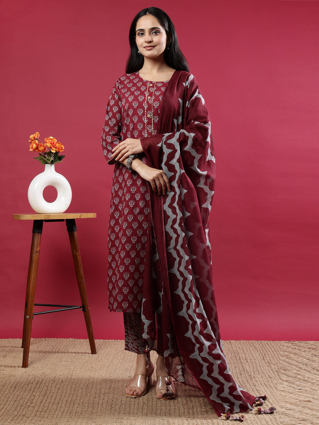 Maroon Printed Rayon Kurta Set with Striped Pants & Tassel Dupatta Brown Rayon