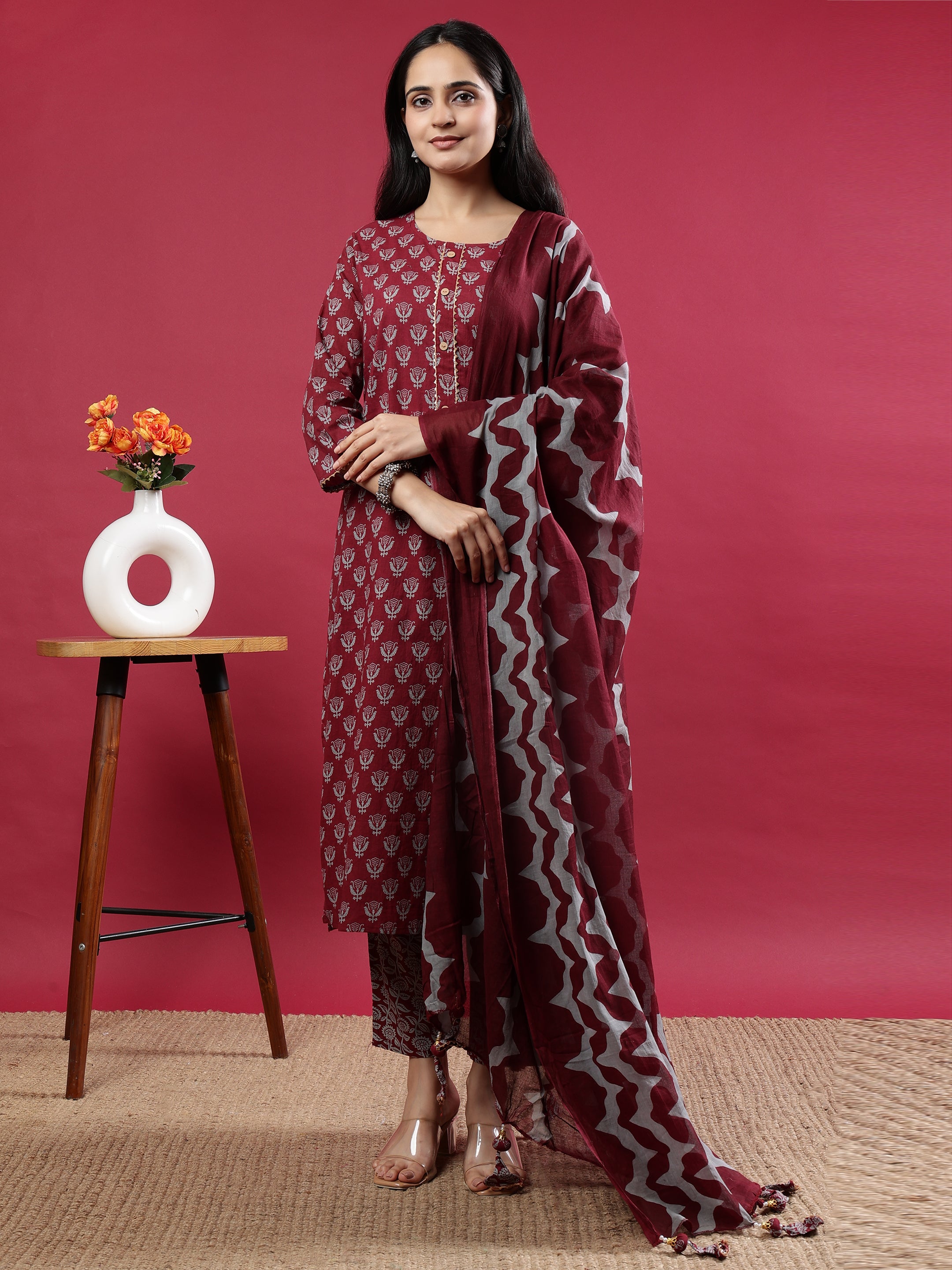 Maroon Printed Rayon Kurta Set with Striped Pants & Tassel Dupatta Brown Rayon