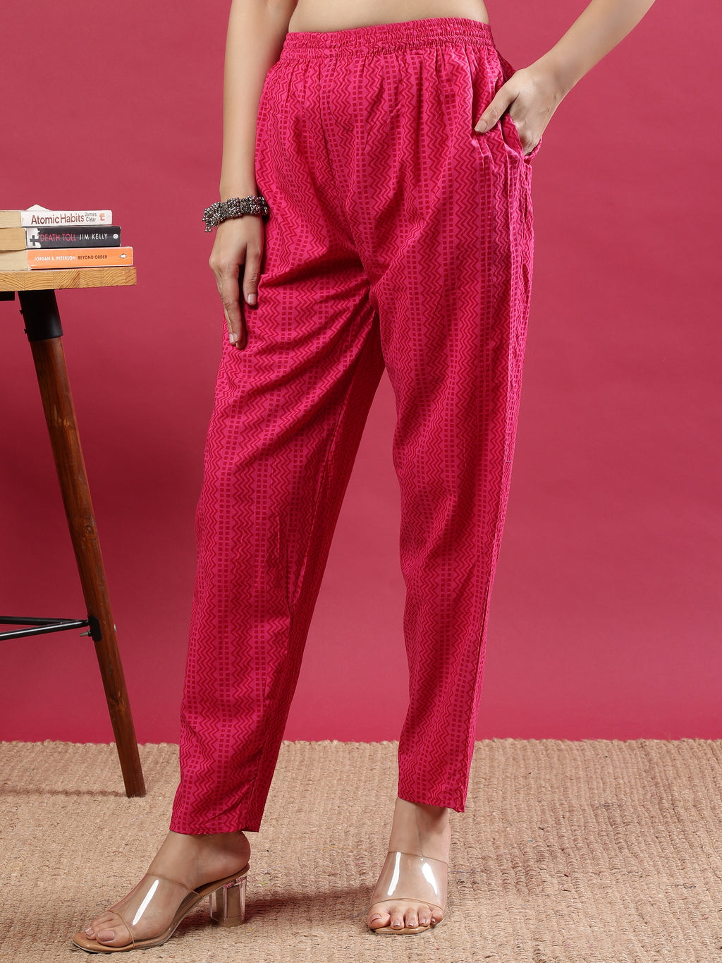 Pink Printed Rayon Kurta Set with Striped Pants & Tassel Dupatta