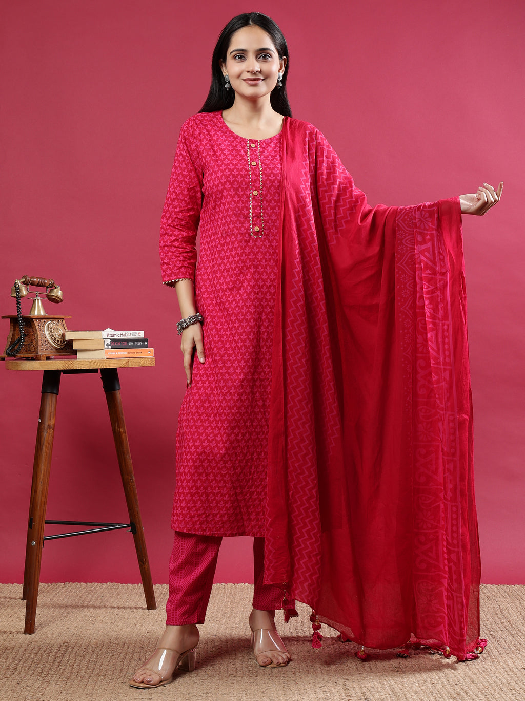 Pink Printed Rayon Kurta Set with Striped Pants & Tassel Dupatta