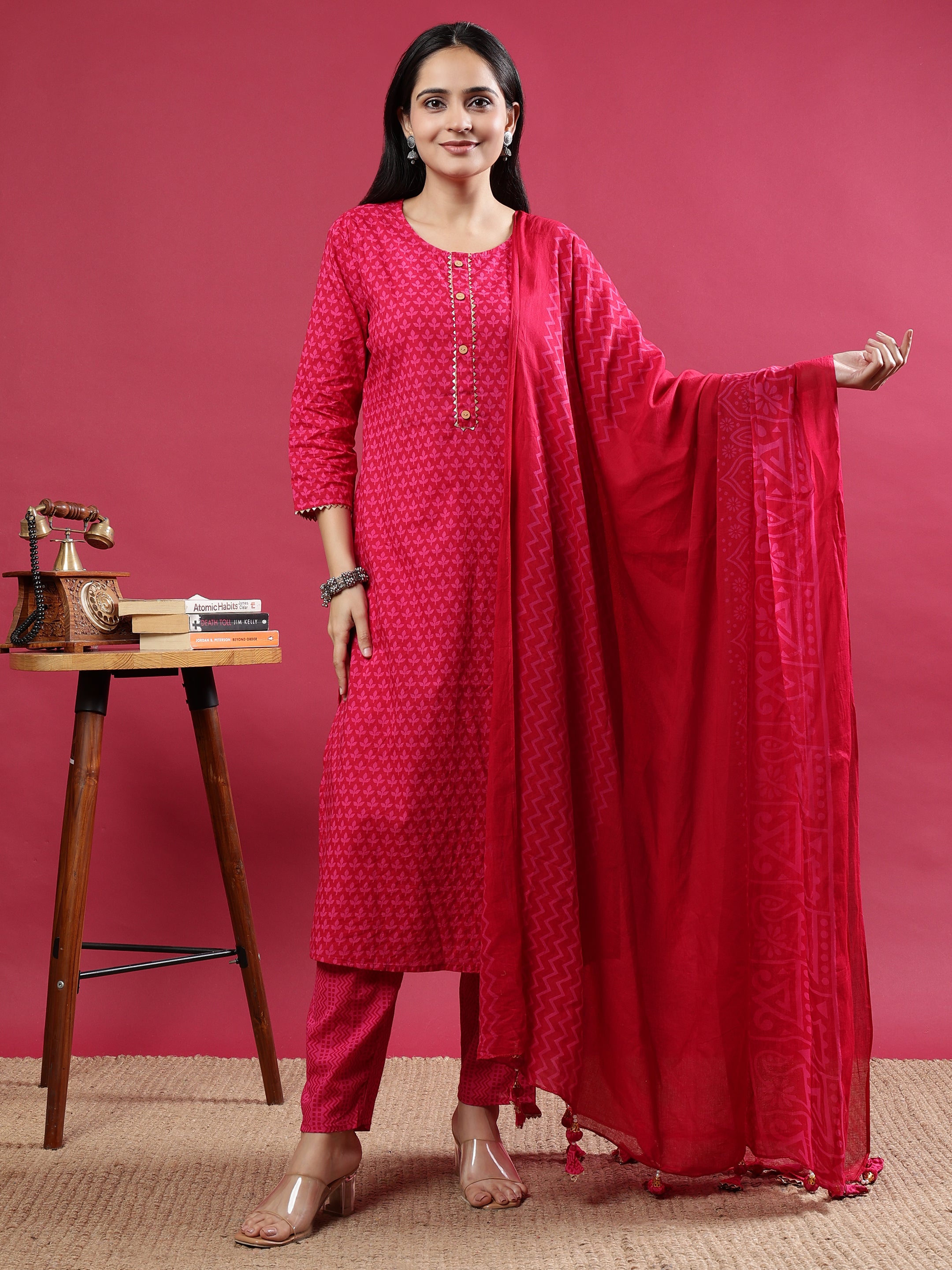 Pink Printed Rayon Kurta Set with Striped Pants & Tassel Dupatta