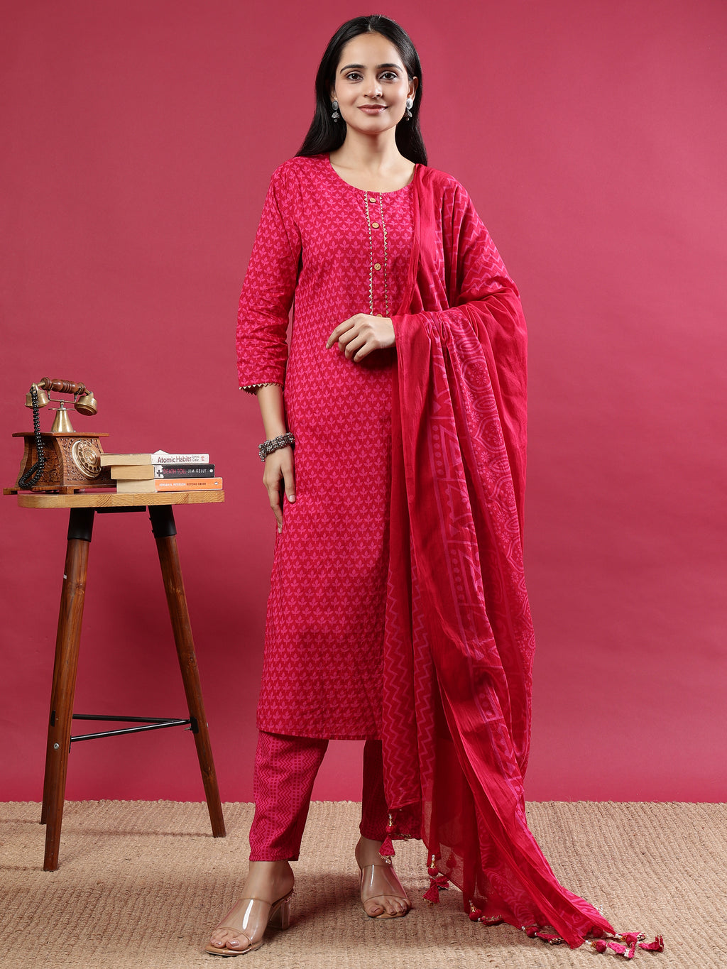 Pink Printed Rayon Kurta Set with Striped Pants & Tassel Dupatta Pink Rayon