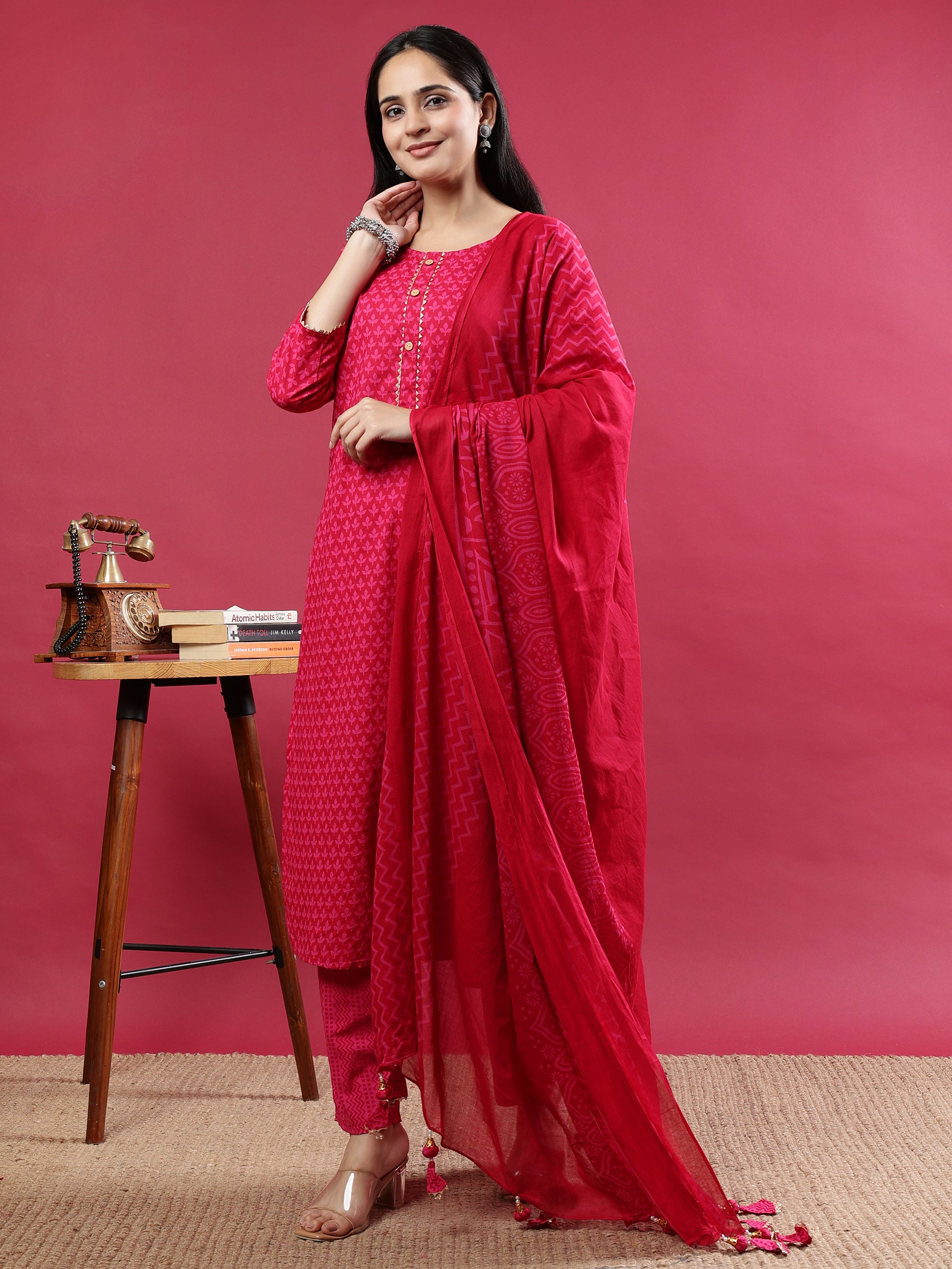 Pink Printed Rayon Kurta Set with Striped Pants & Tassel Dupatta