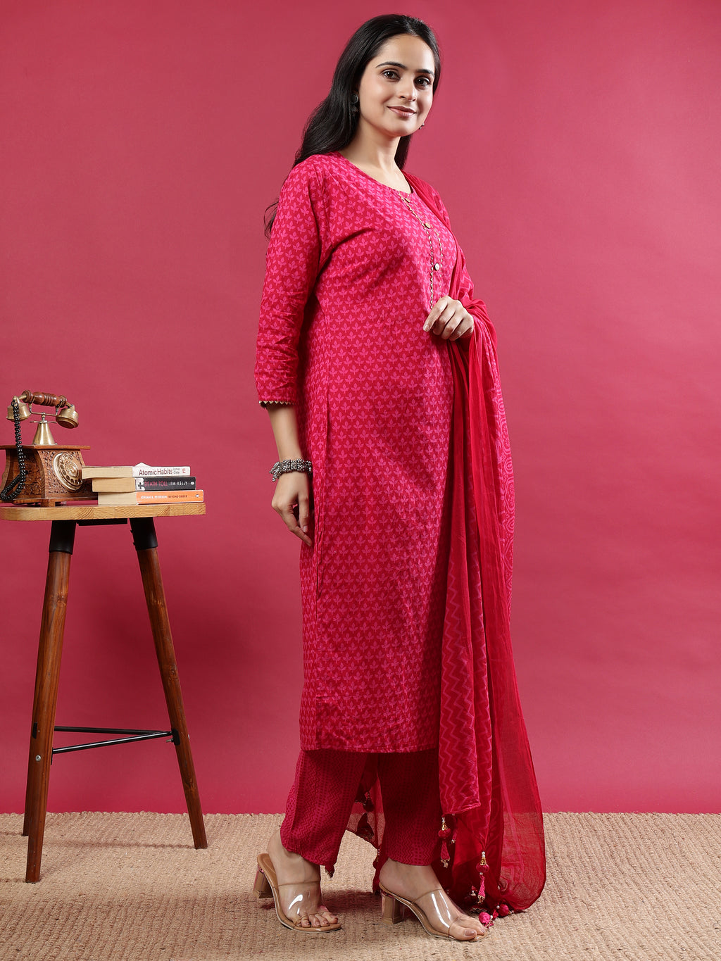 Pink Printed Rayon Kurta Set with Striped Pants & Tassel Dupatta