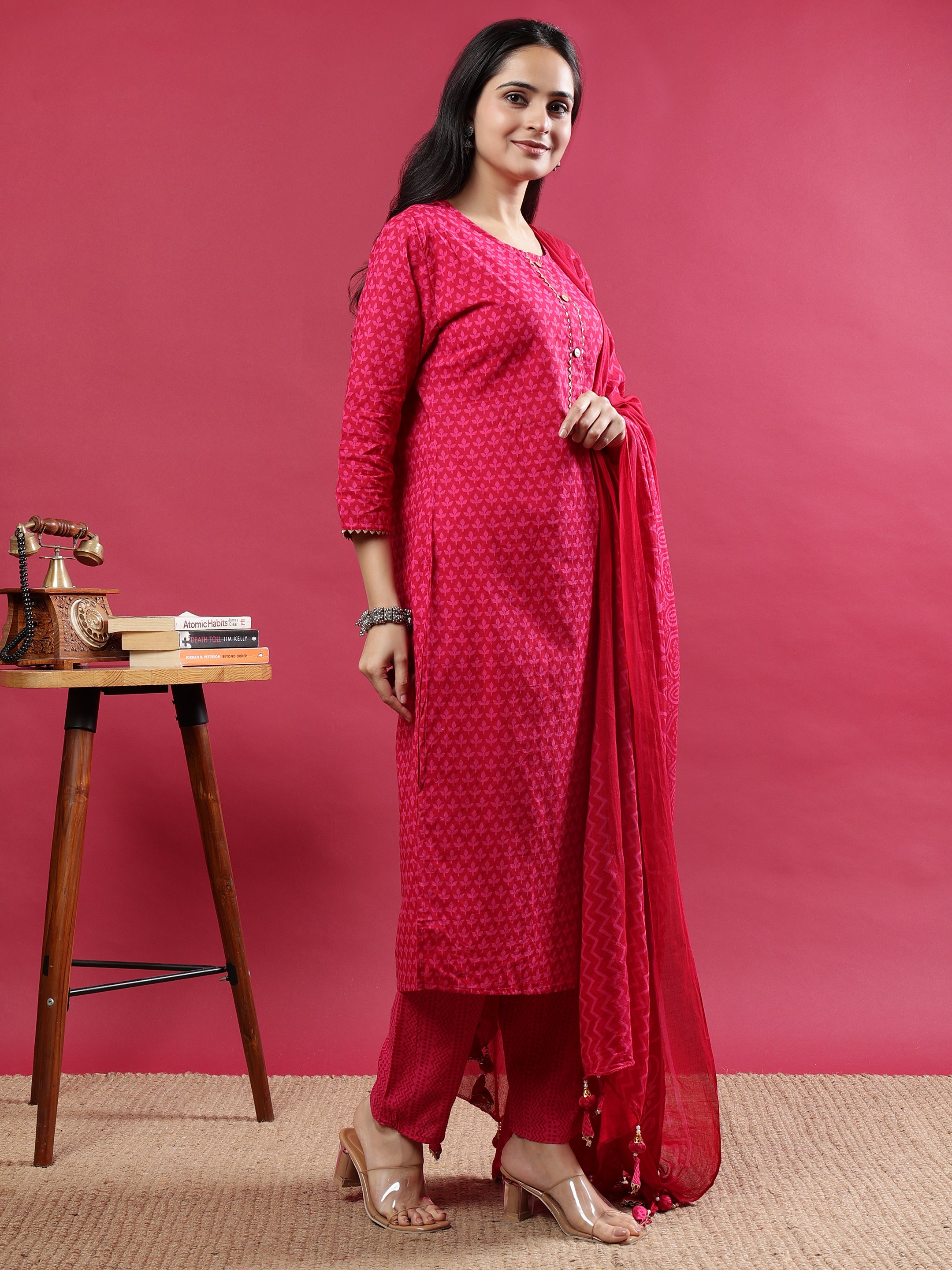 Pink Printed Rayon Kurta Set with Striped Pants & Tassel Dupatta