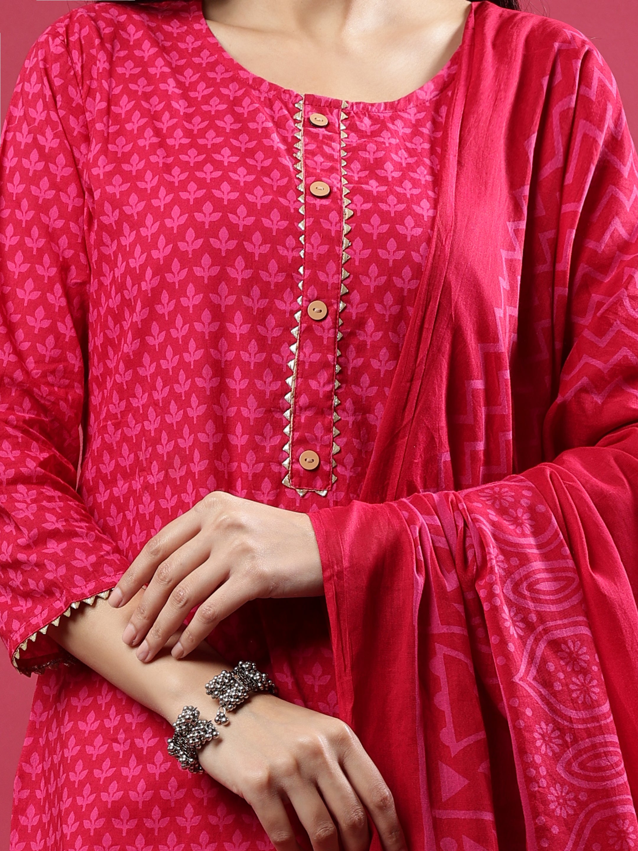 Pink Printed Rayon Kurta Set with Striped Pants & Tassel Dupatta