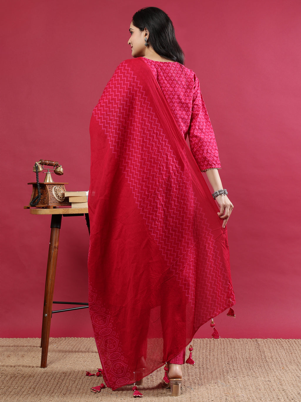 Pink Printed Rayon Kurta Set with Striped Pants & Tassel Dupatta
