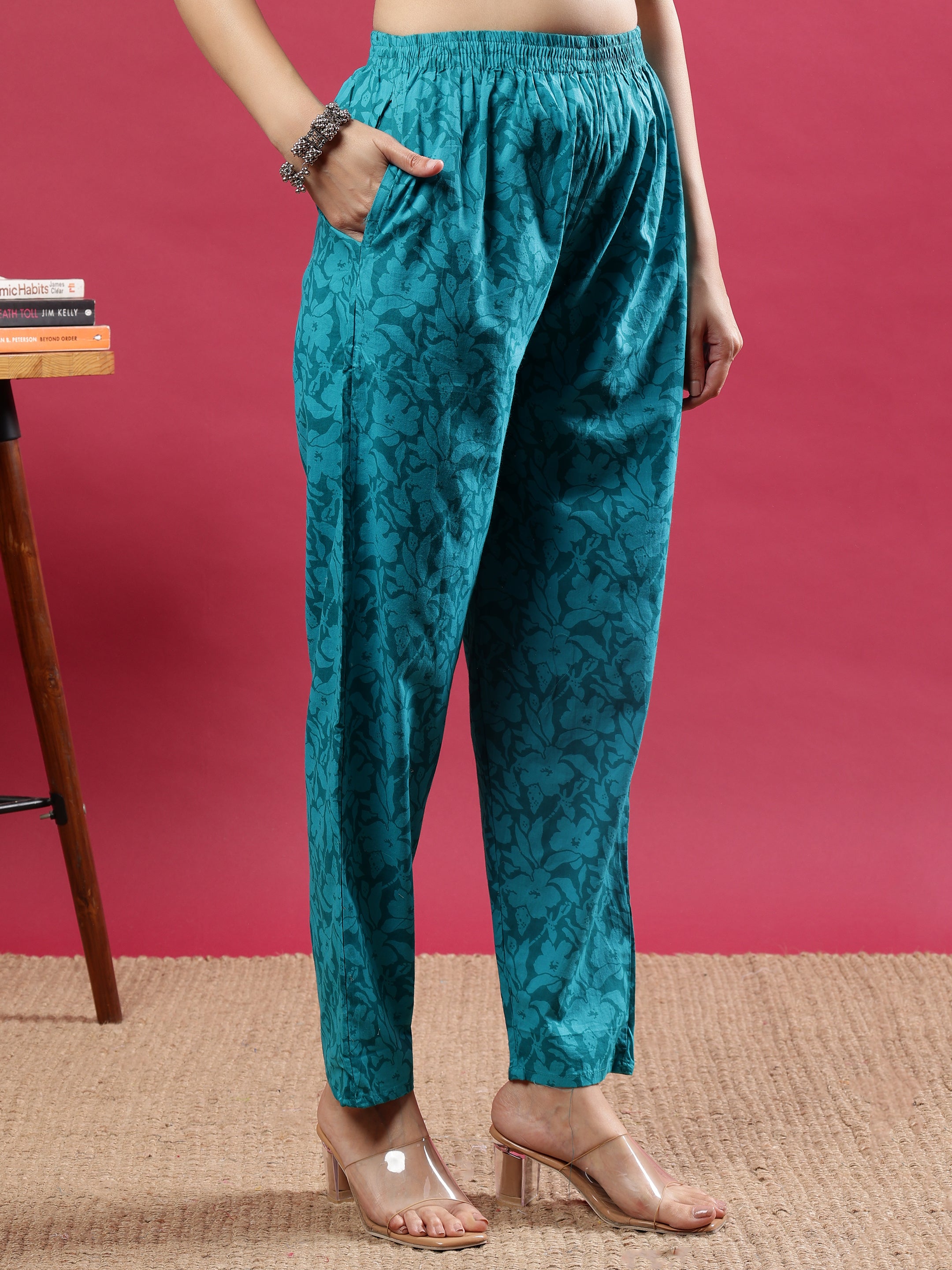Teal Printed Rayon Kurta Set with Striped Pants & Tassel Dupatta