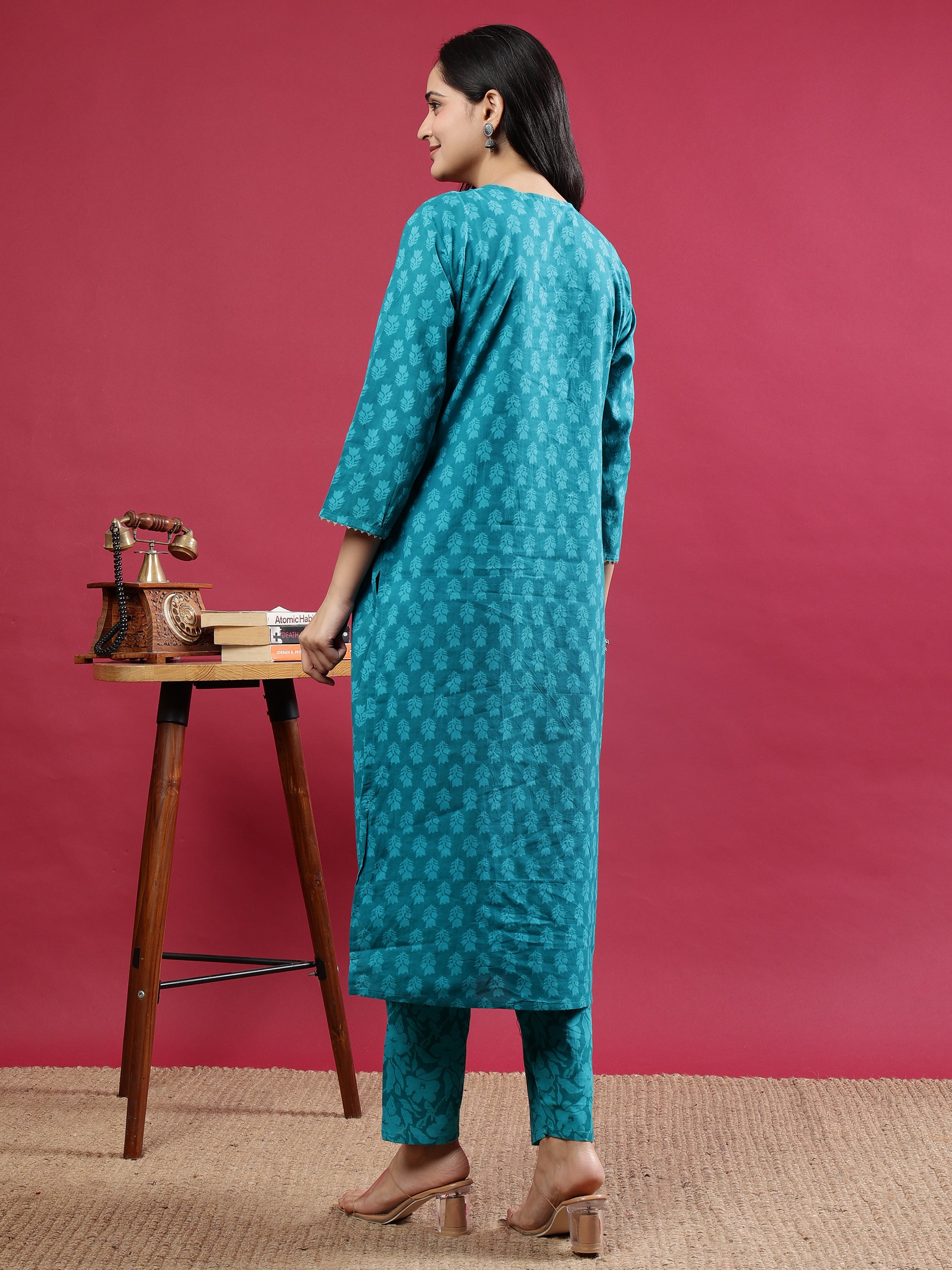 Teal Printed Rayon Kurta Set with Striped Pants & Tassel Dupatta