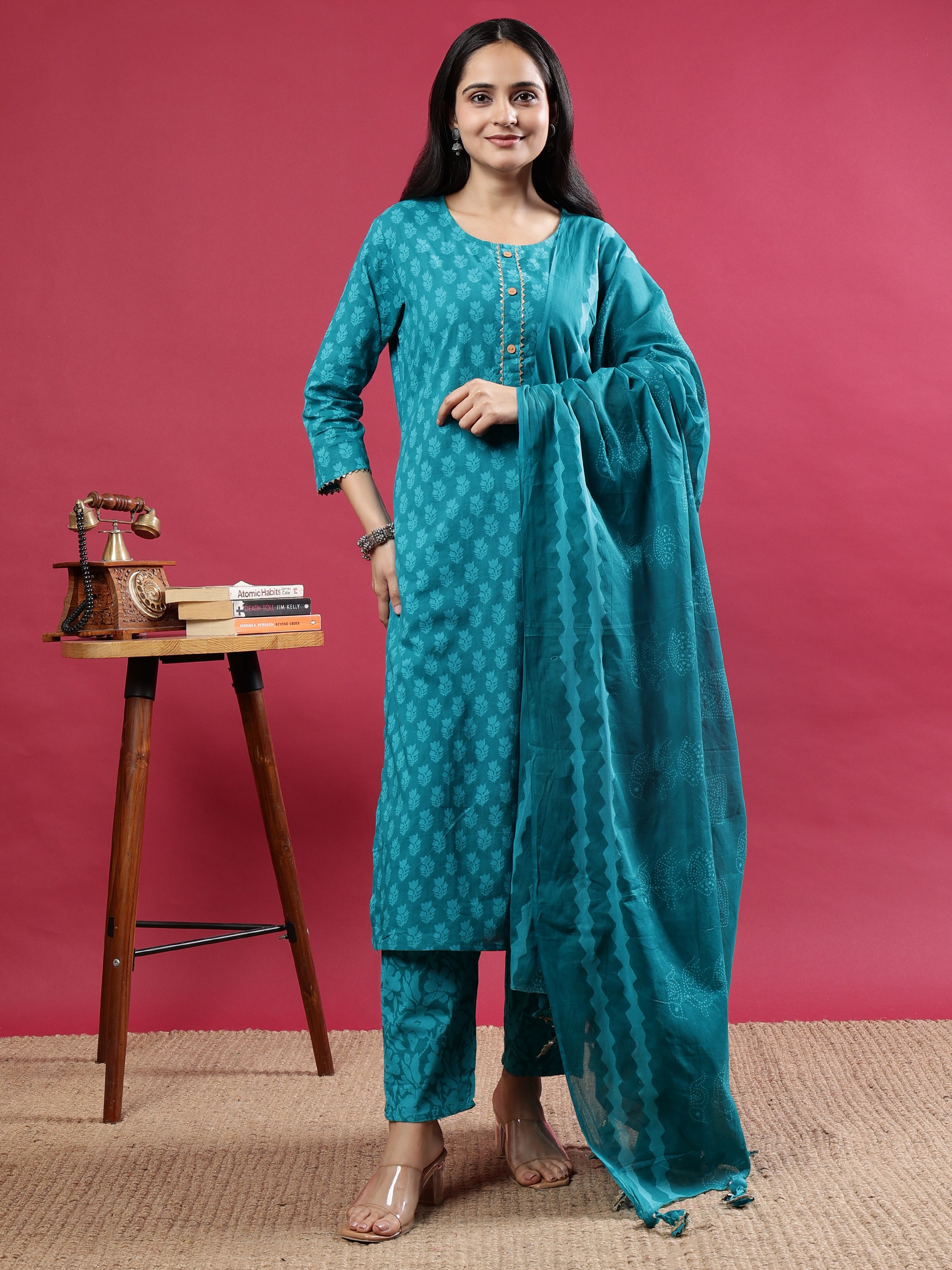 Teal Printed Rayon Kurta Set with Striped Pants & Tassel Dupatta