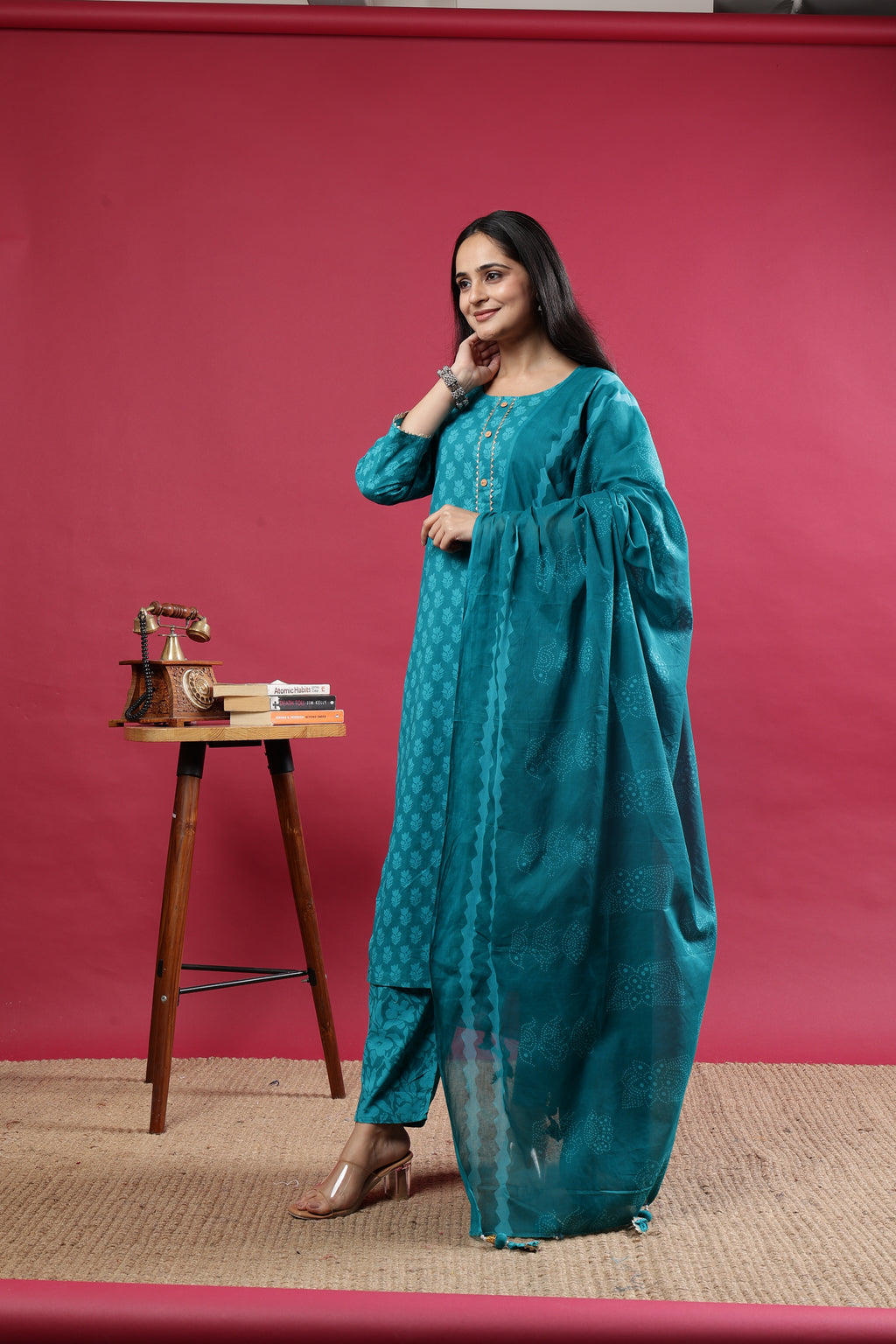 Teal Printed Rayon Kurta Set with Striped Pants & Tassel Dupatta