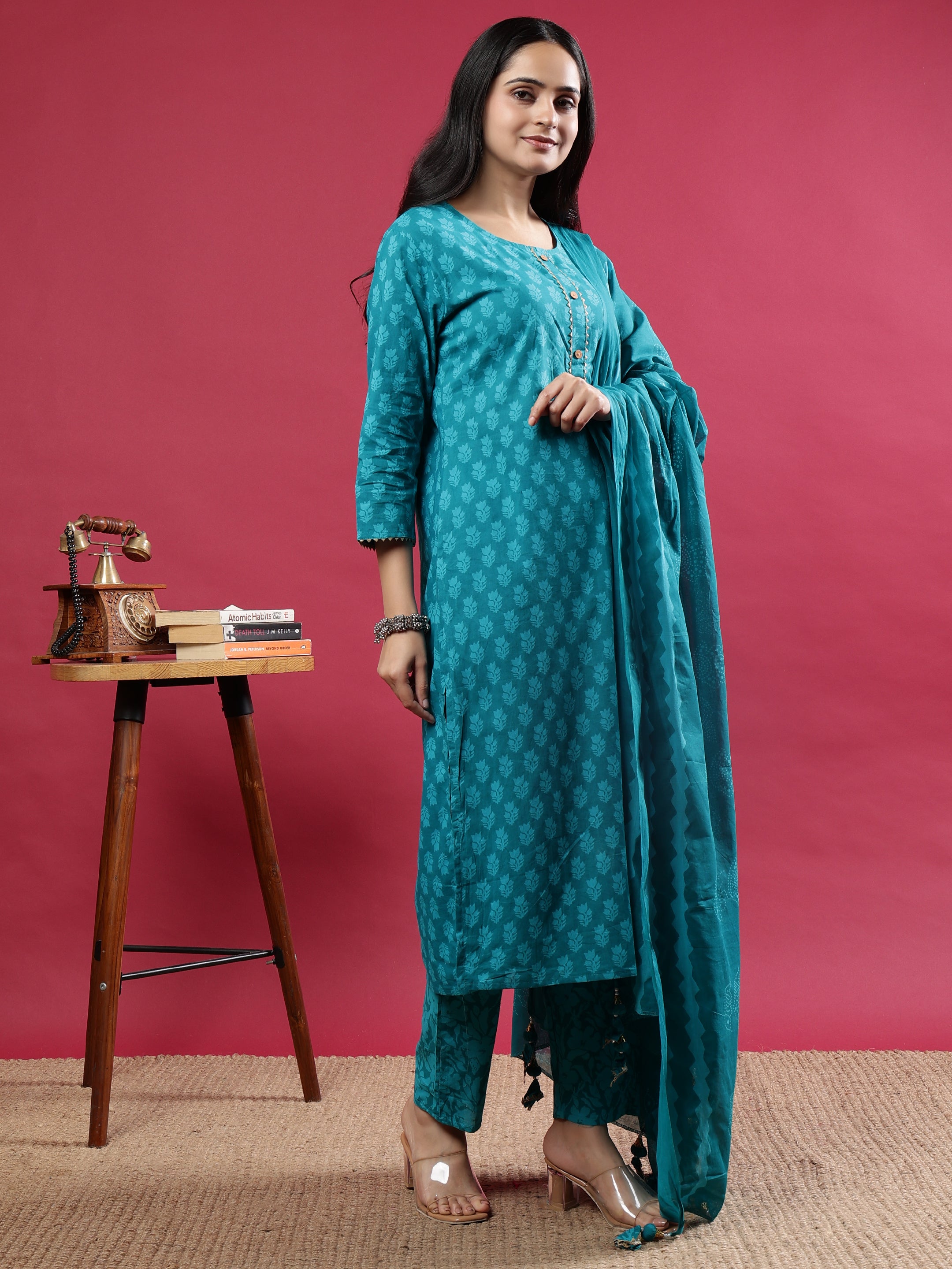Teal Printed Rayon Kurta Set with Striped Pants & Tassel Dupatta