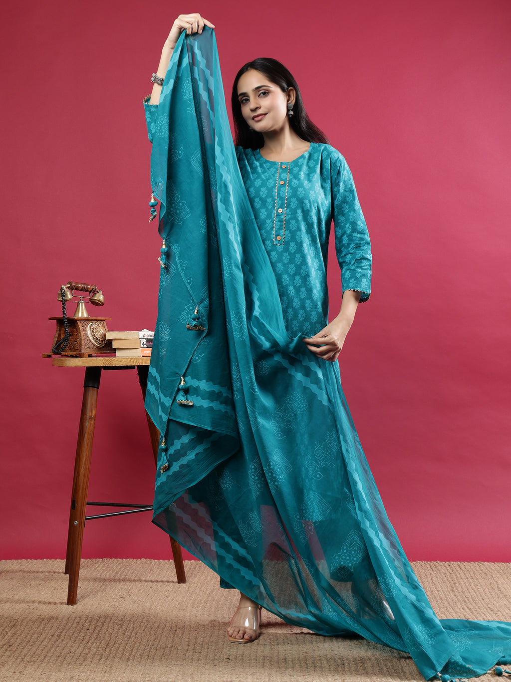 Teal Printed Rayon Kurta Set with Striped Pants & Tassel Dupatta Teal Rayon