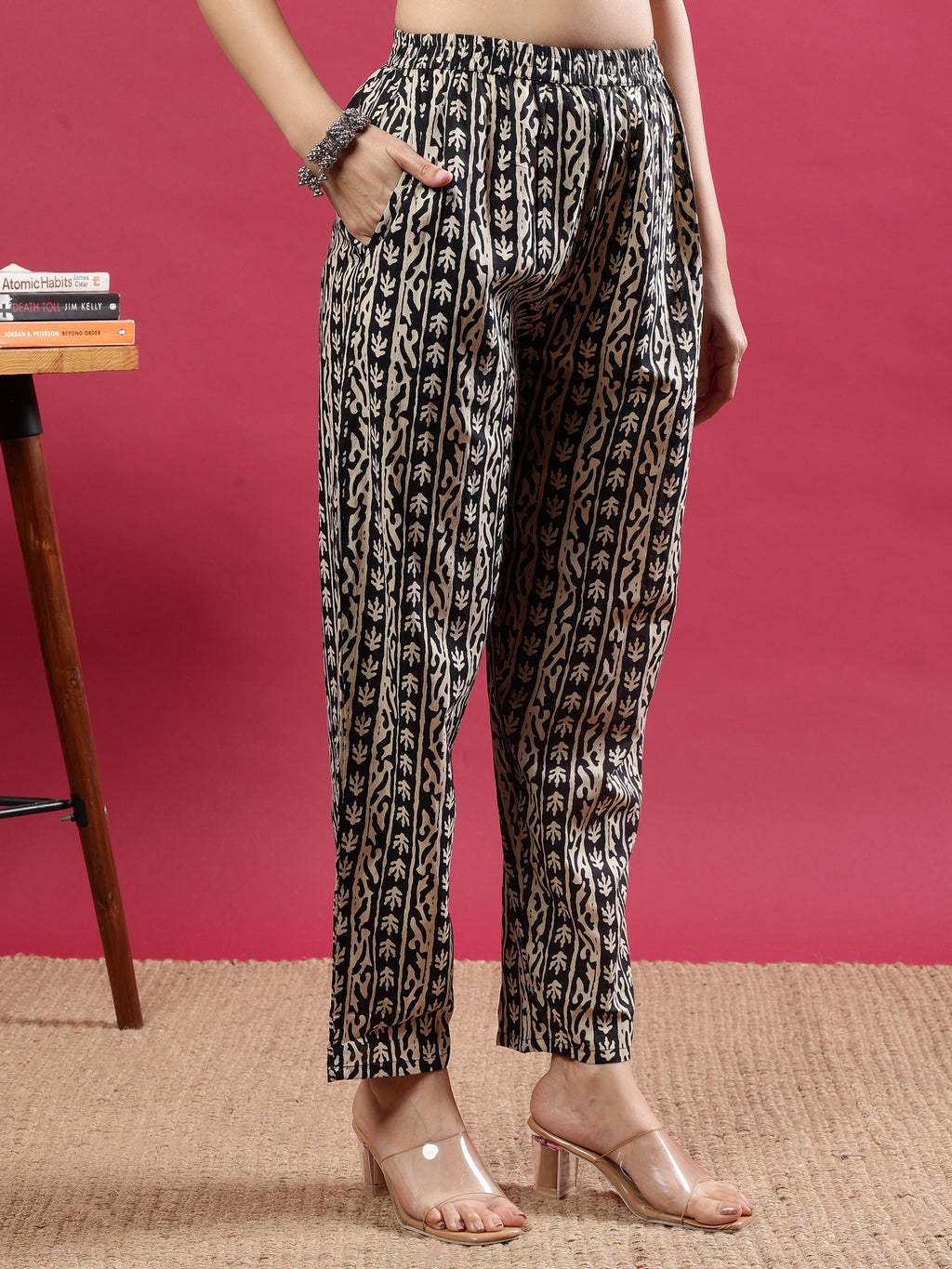 Black Handblock Printed Rayon Kurta Set with Red Dupatta