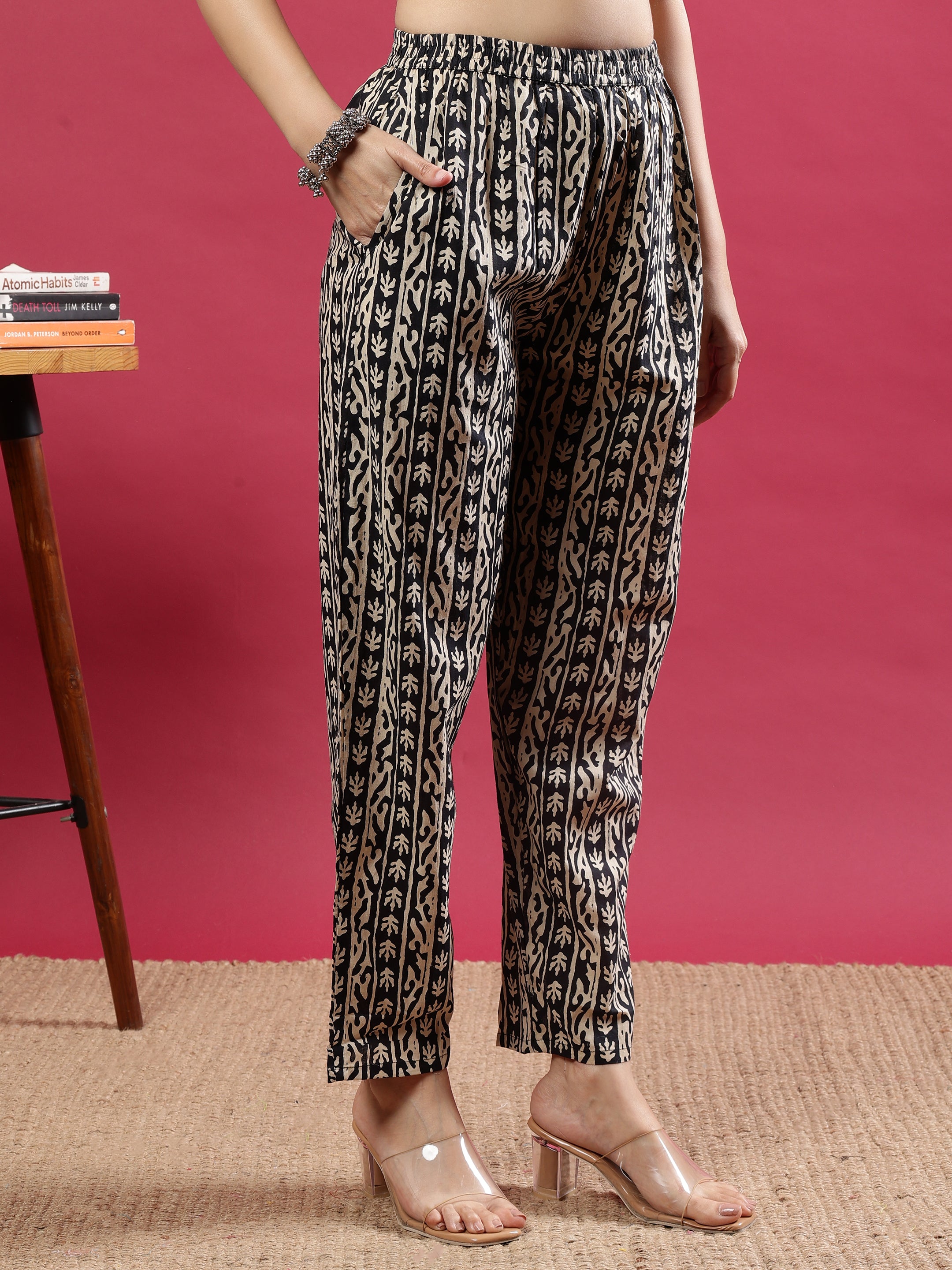 Black Handblock Printed Rayon Kurta Set with Red Dupatta