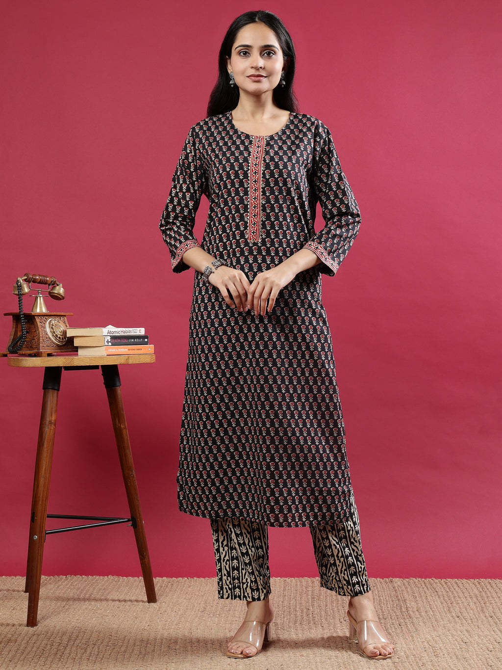 Black Handblock Printed Rayon Kurta Set with Red Dupatta