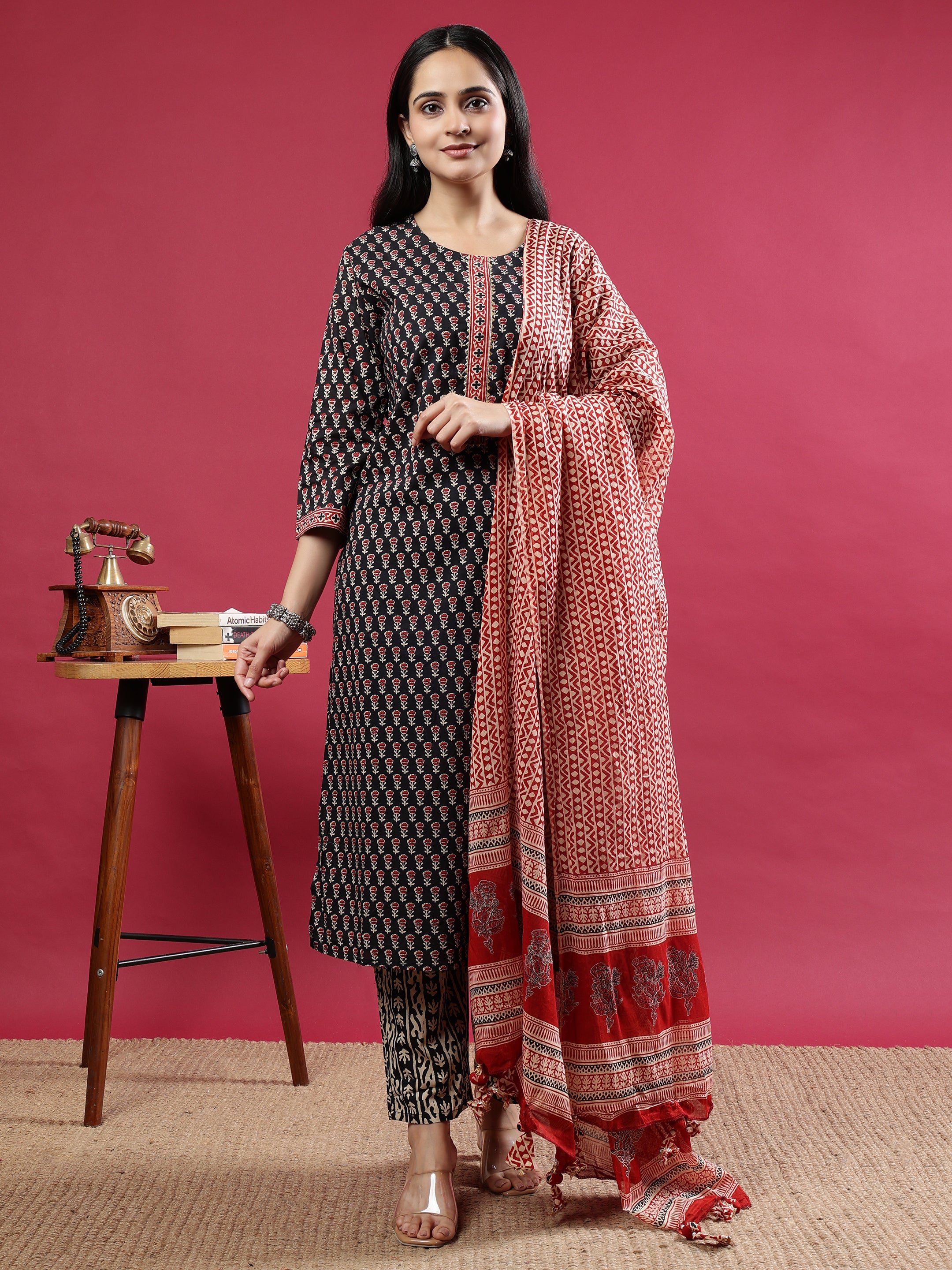 Black Handblock Printed Rayon Kurta Set with Red Dupatta Red XS Rayon