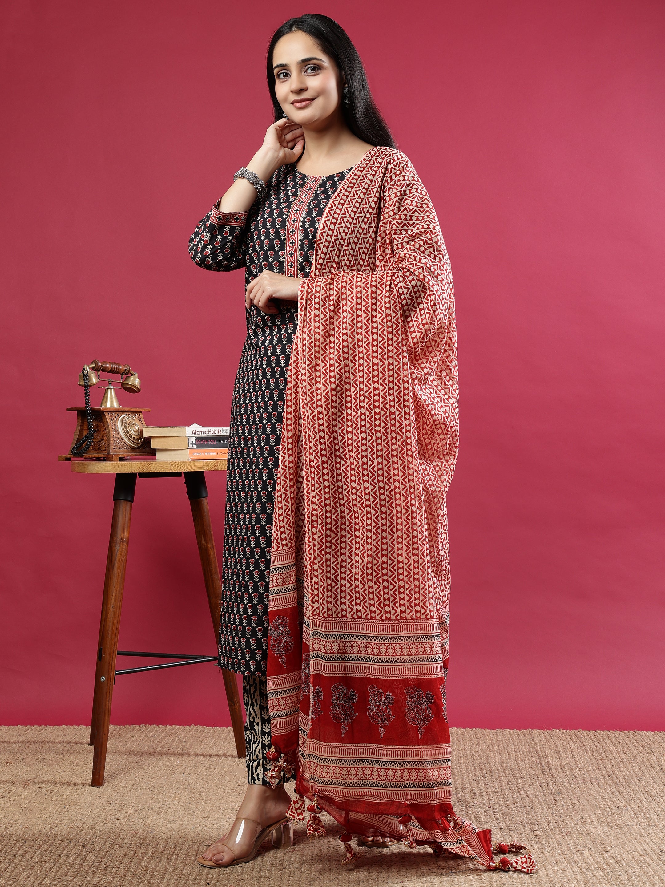 Black Handblock Printed Rayon Kurta Set with Red Dupatta