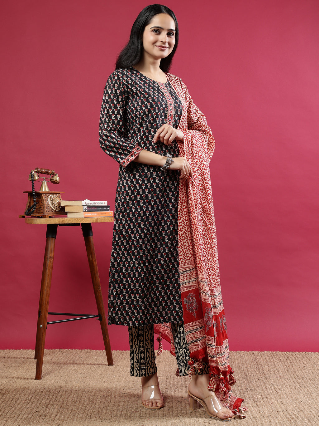 Black Handblock Printed Rayon Kurta Set with Red Dupatta