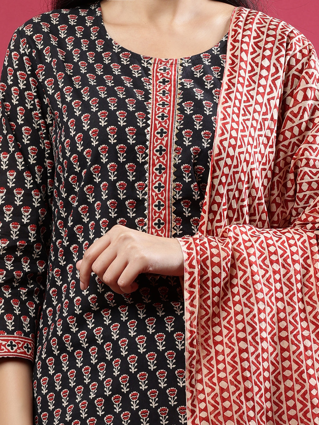 Black Handblock Printed Rayon Kurta Set with Red Dupatta