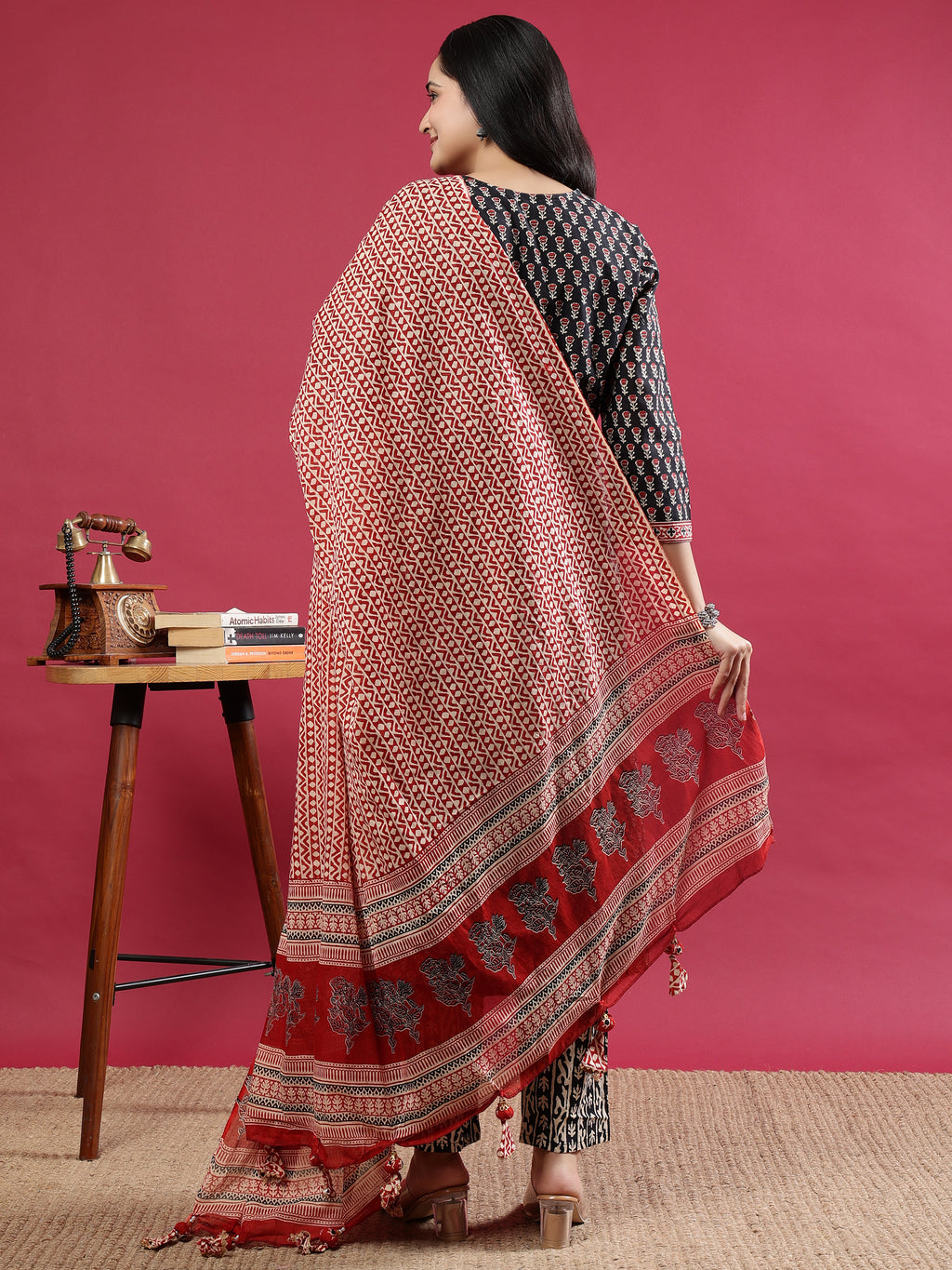Black Handblock Printed Rayon Kurta Set with Red Dupatta