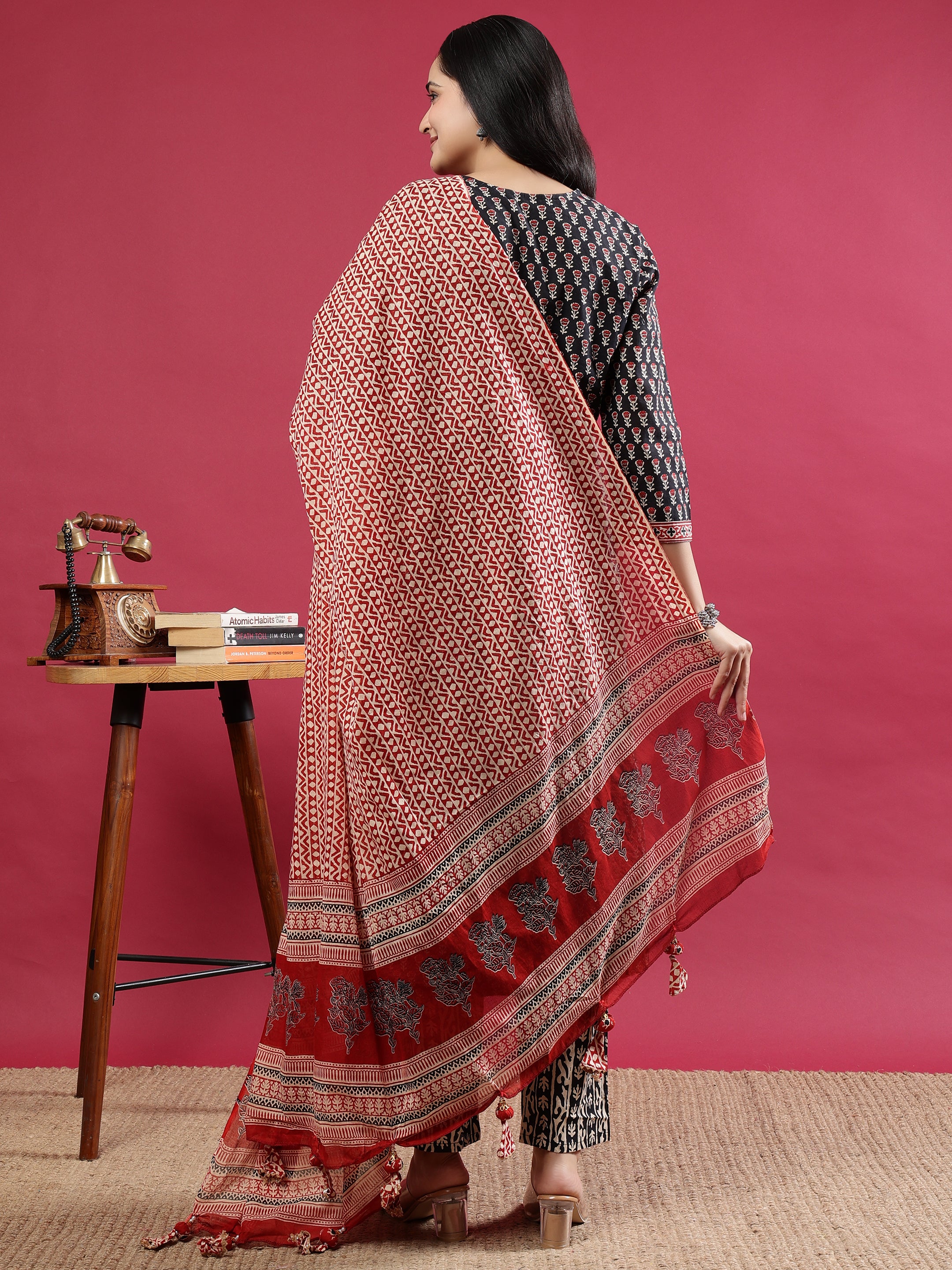 Black Handblock Printed Rayon Kurta Set with Red Dupatta