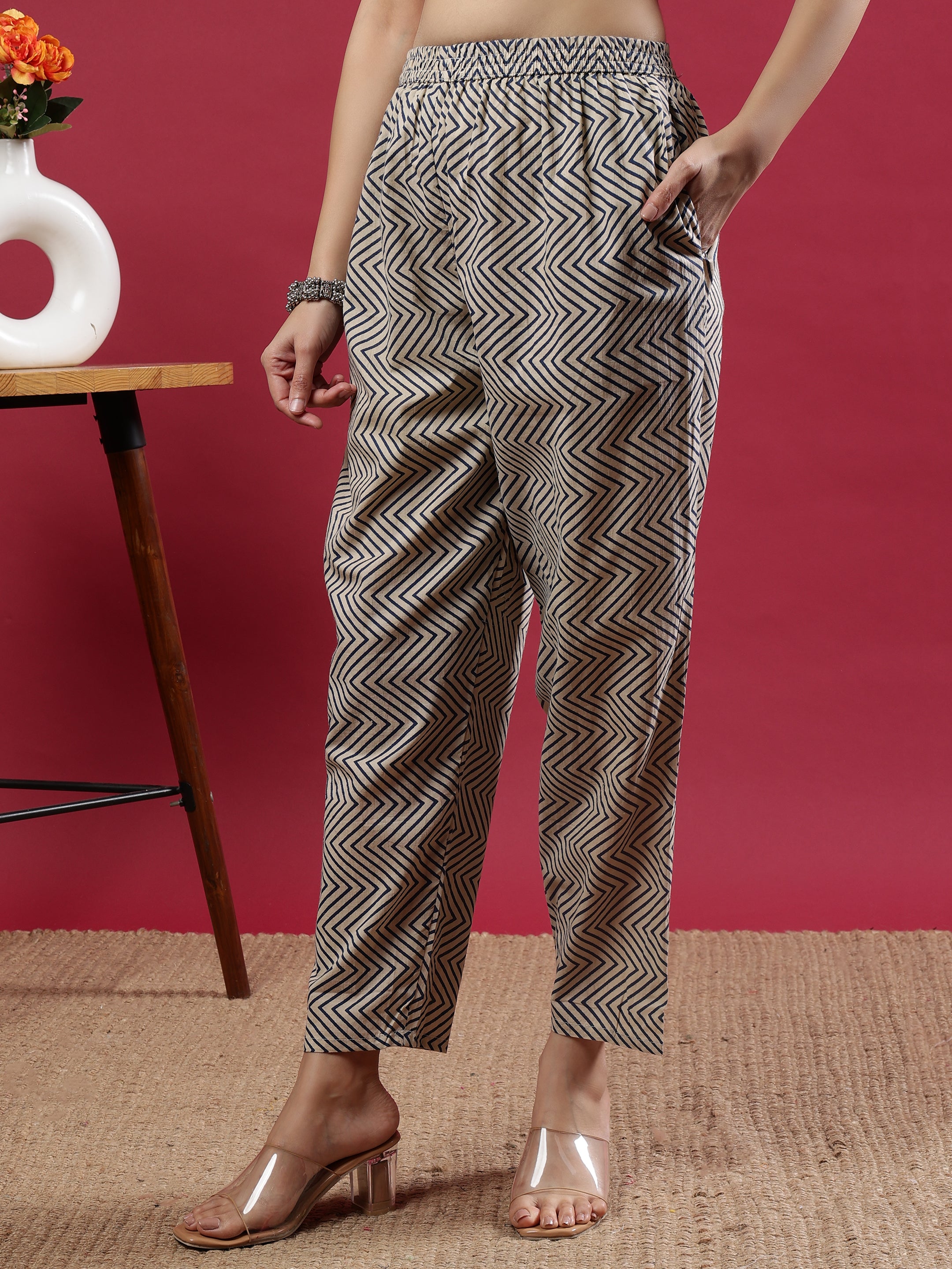 Blue Handblock Printed Rayon Kurta Set with Chevron Dupatta