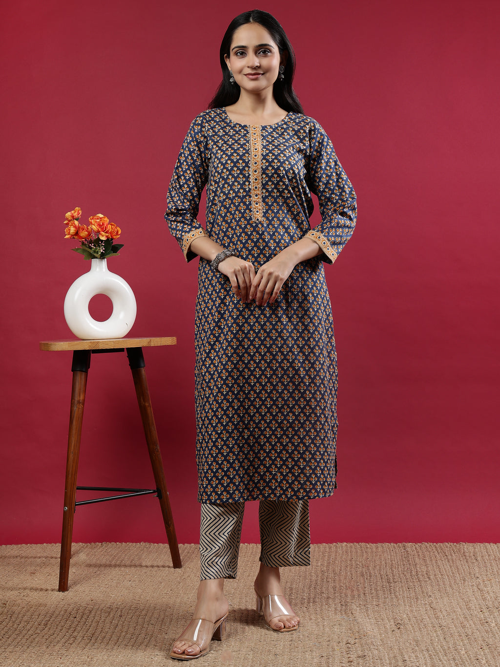 Blue Handblock Printed Rayon Kurta Set with Chevron Dupatta