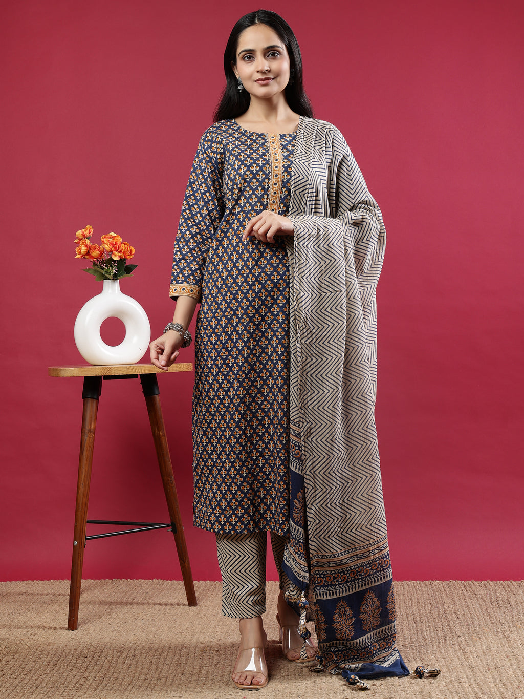 Blue Handblock Printed Rayon Kurta Set with Chevron Dupatta Blue Rayon