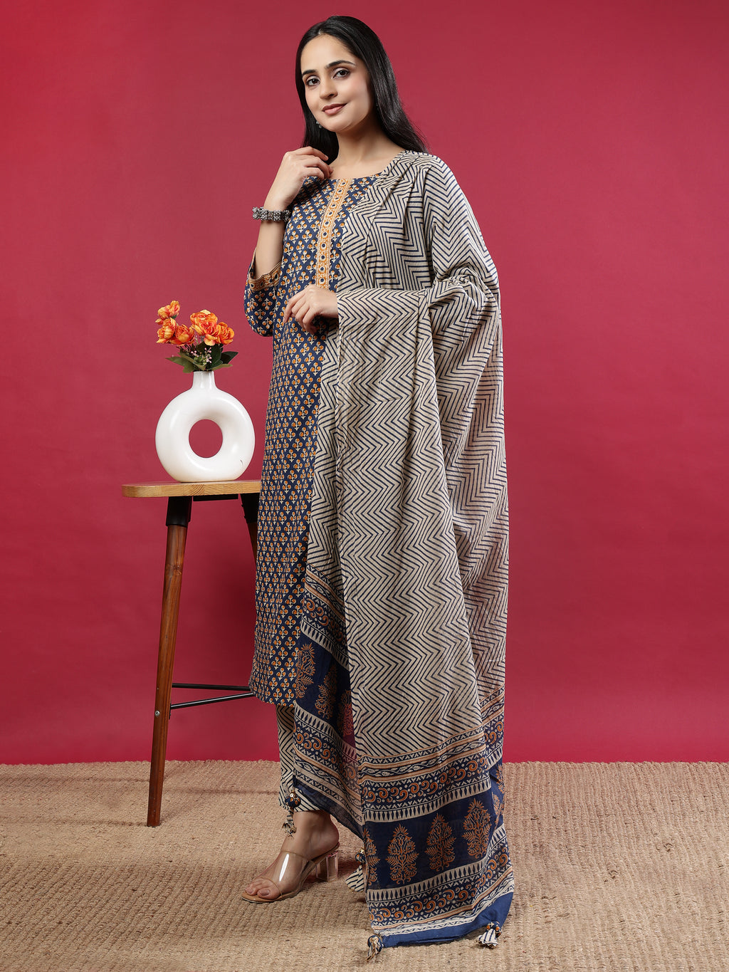 Blue Handblock Printed Rayon Kurta Set with Chevron Dupatta
