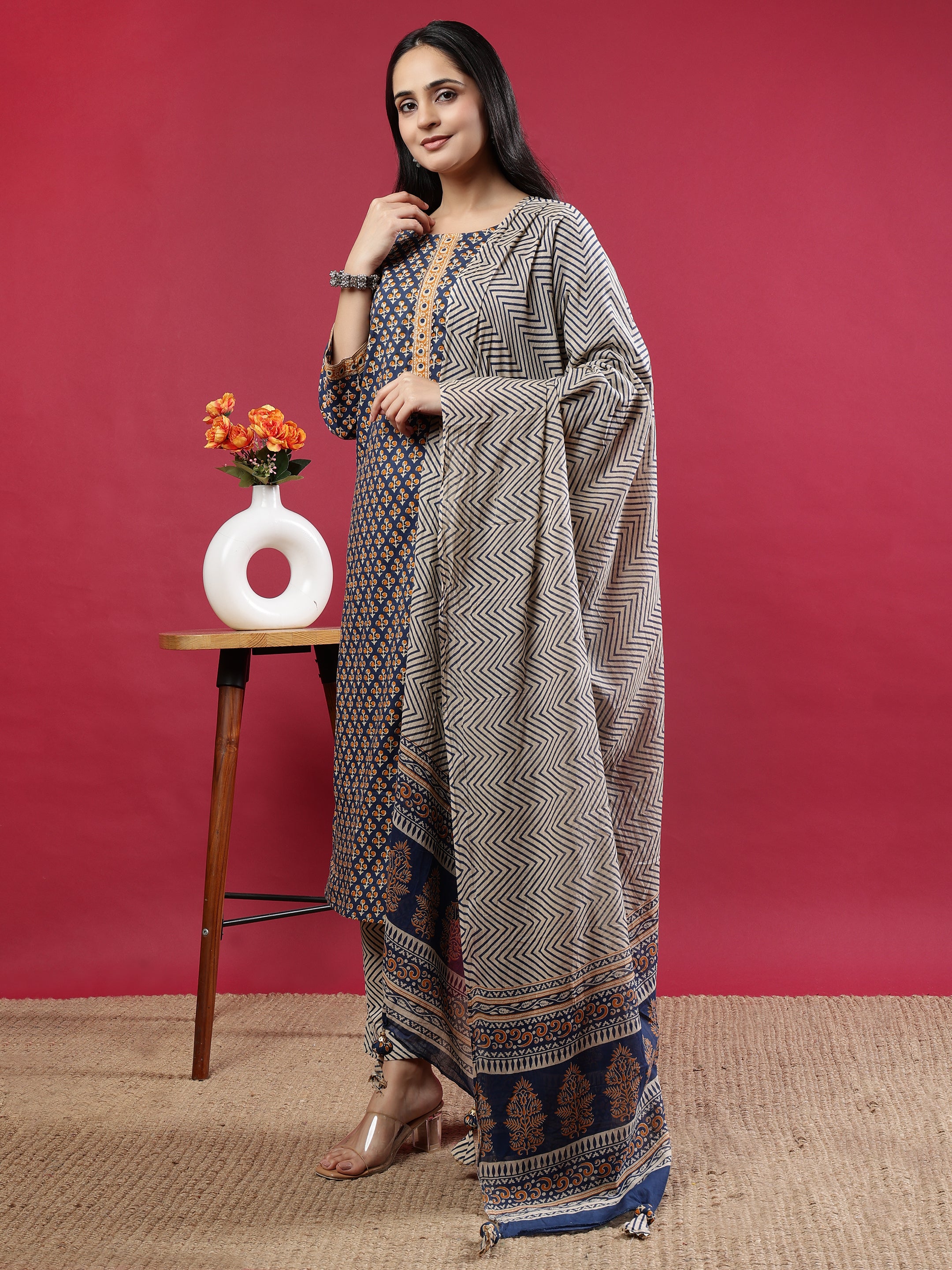 Blue Handblock Printed Rayon Kurta Set with Chevron Dupatta