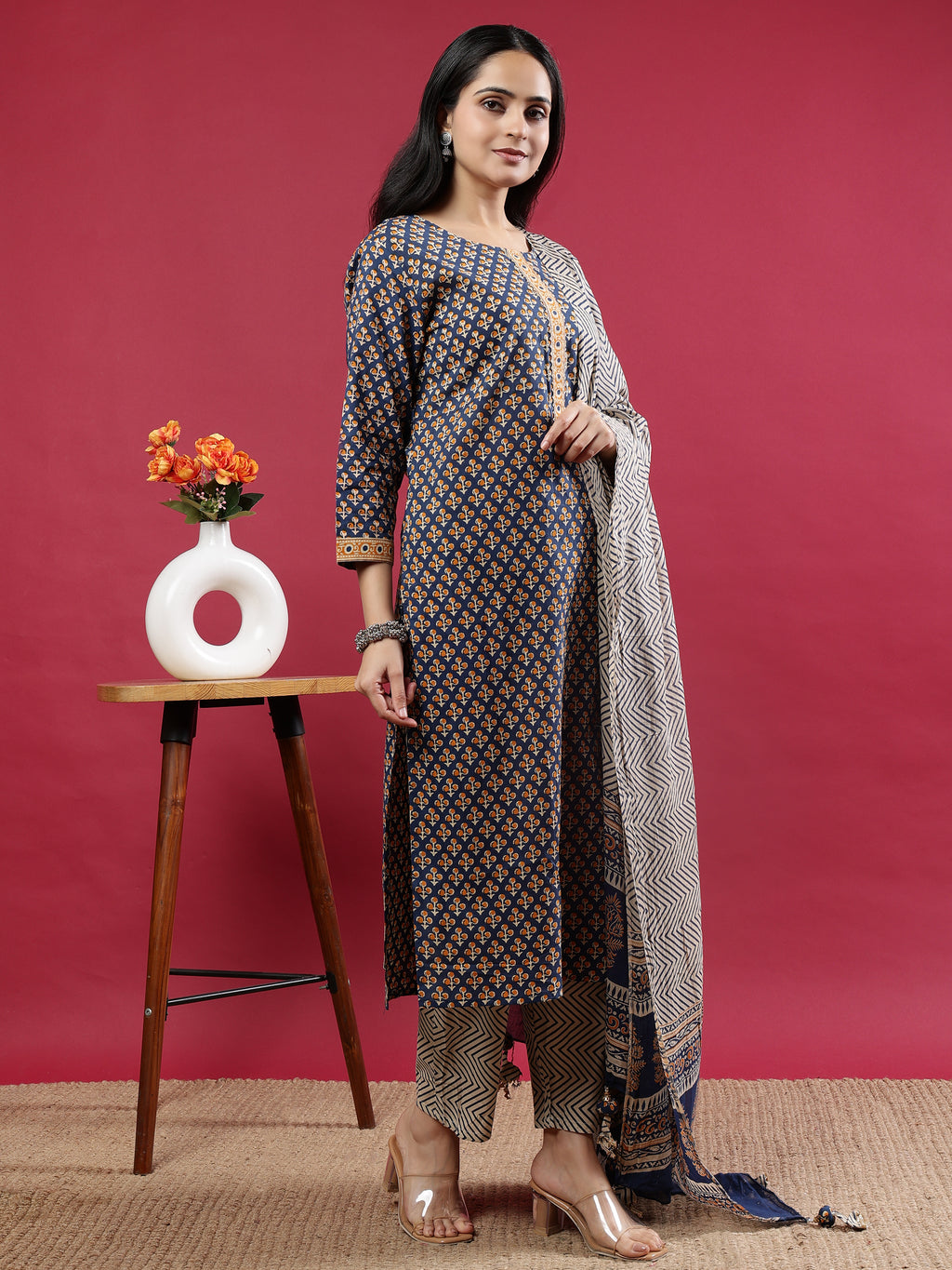 Blue Handblock Printed Rayon Kurta Set with Chevron Dupatta