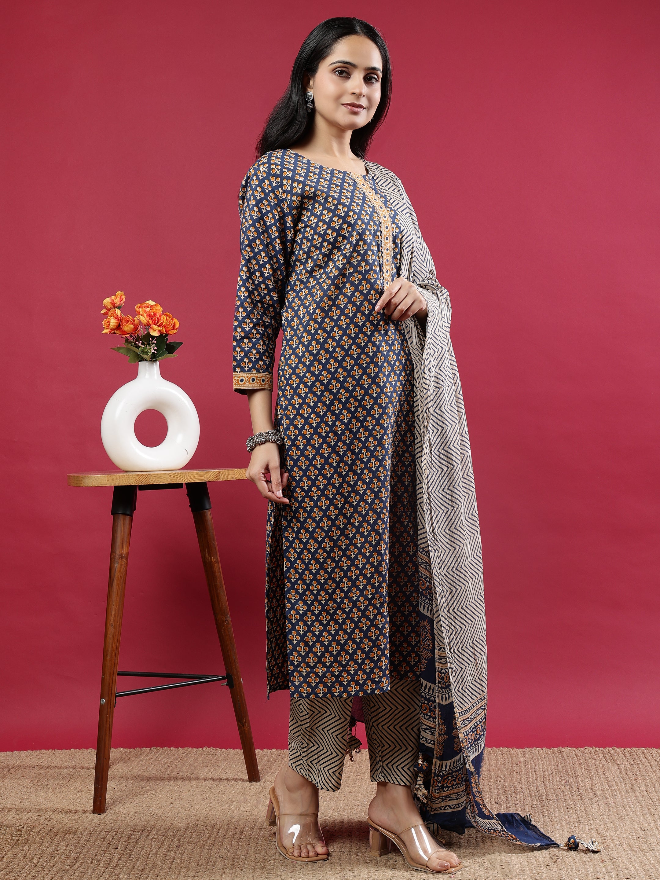 Blue Handblock Printed Rayon Kurta Set with Chevron Dupatta