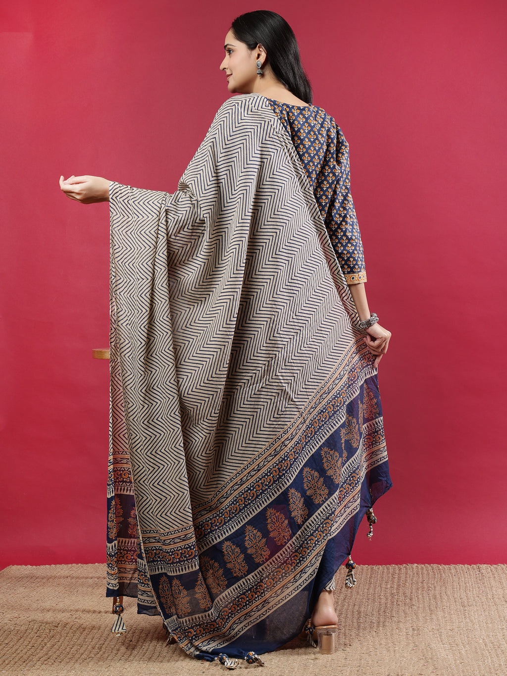Blue Handblock Printed Rayon Kurta Set with Chevron Dupatta