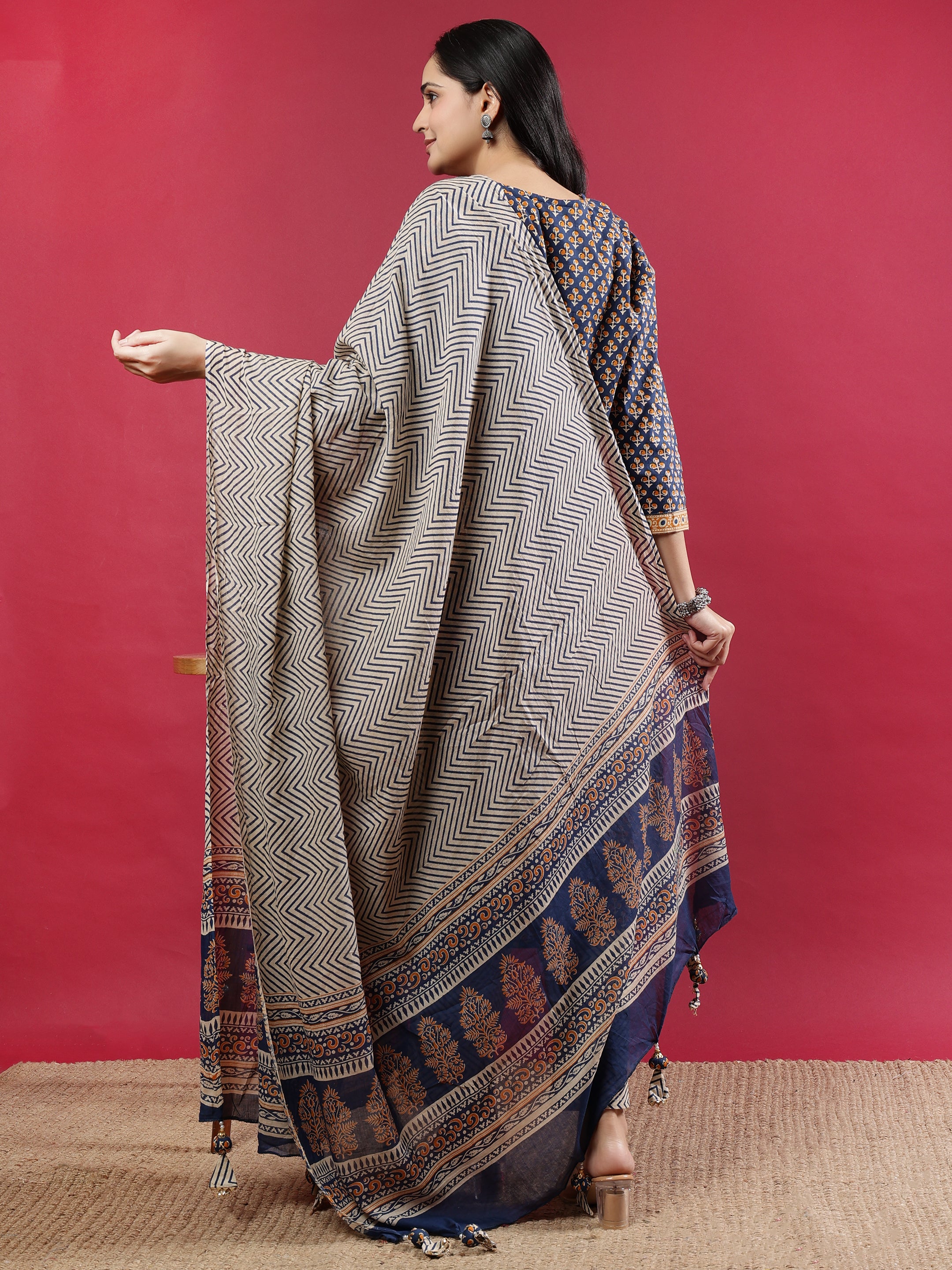 Blue Handblock Printed Rayon Kurta Set with Chevron Dupatta