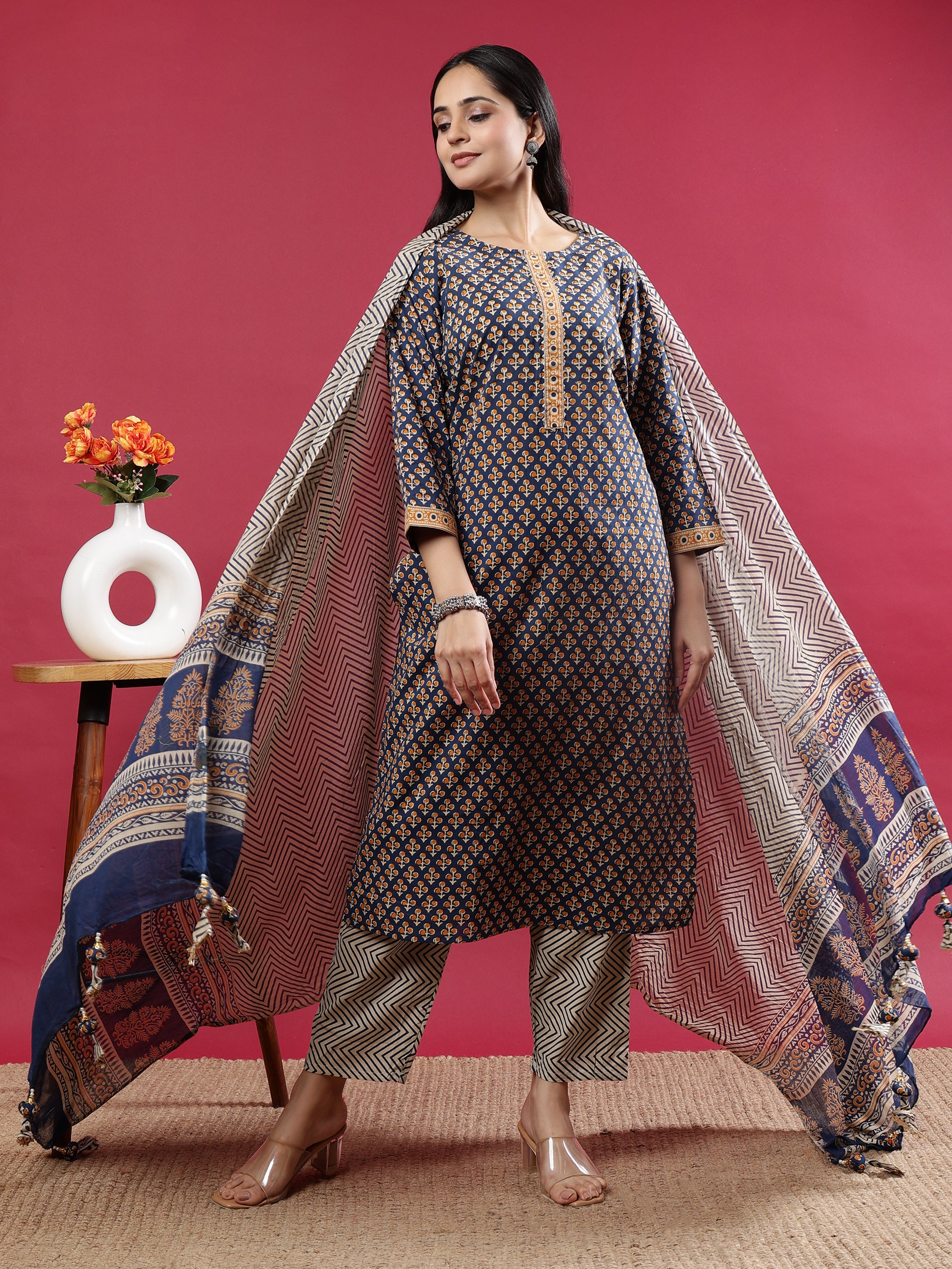 Blue Handblock Printed Rayon Kurta Set with Chevron Dupatta