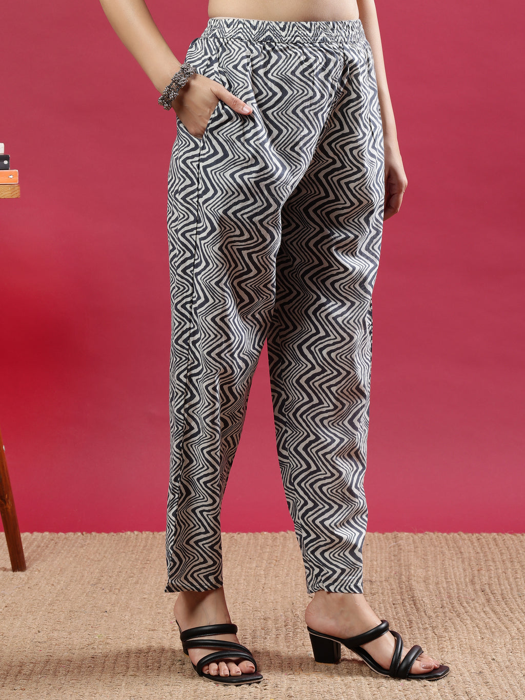 Grey Handblock Printed Rayon Kurta Set with Pink Accents and Chevron Dupatta