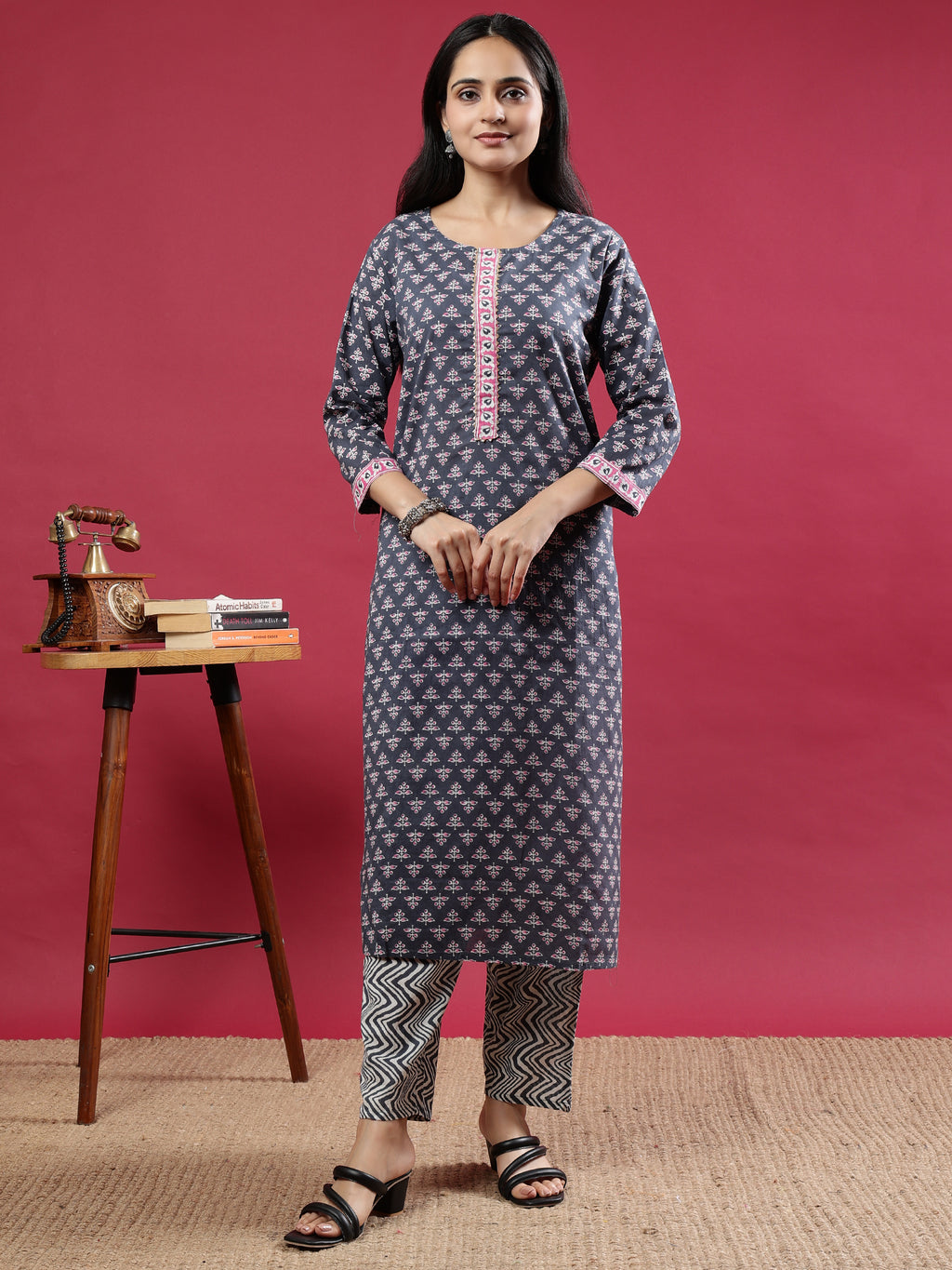 Grey Handblock Printed Rayon Kurta Set with Pink Accents and Chevron Dupatta