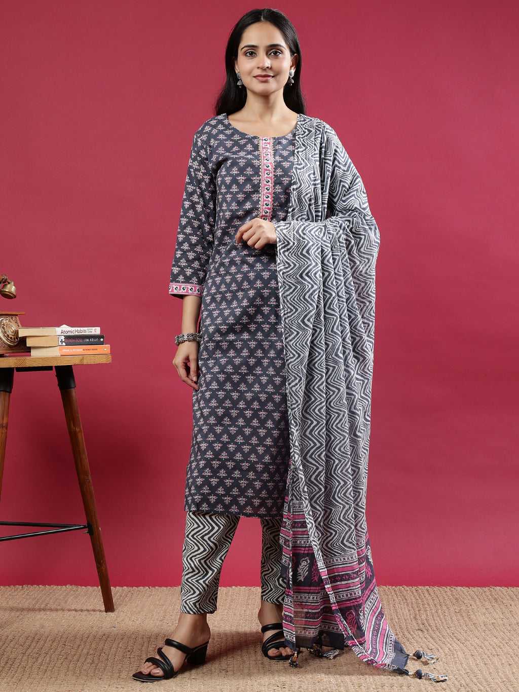 Grey Handblock Printed Rayon Kurta Set with Pink Accents and Chevron Dupatta