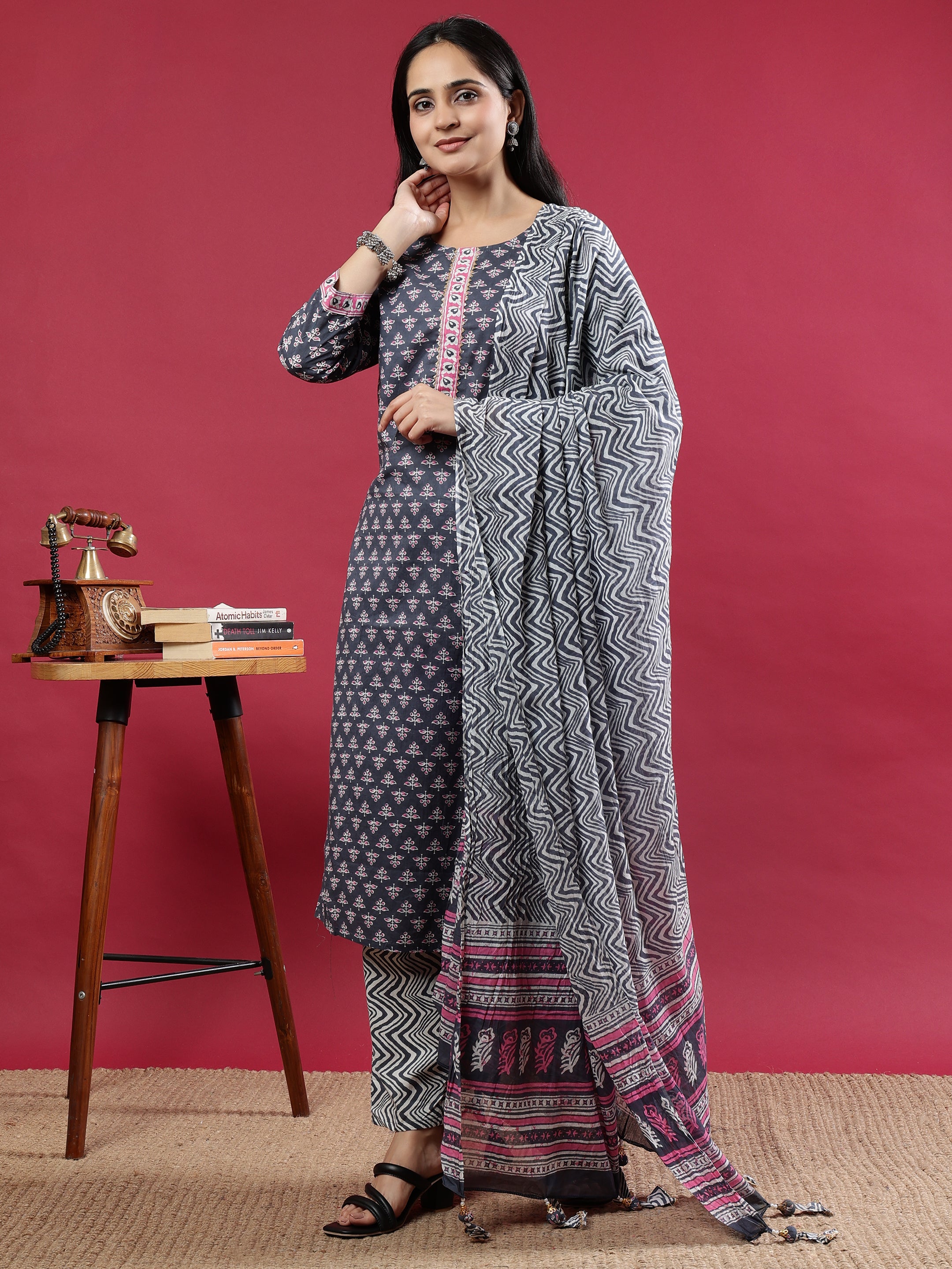 Grey Handblock Printed Rayon Kurta Set with Pink Accents and Chevron Dupatta Gray Rayon