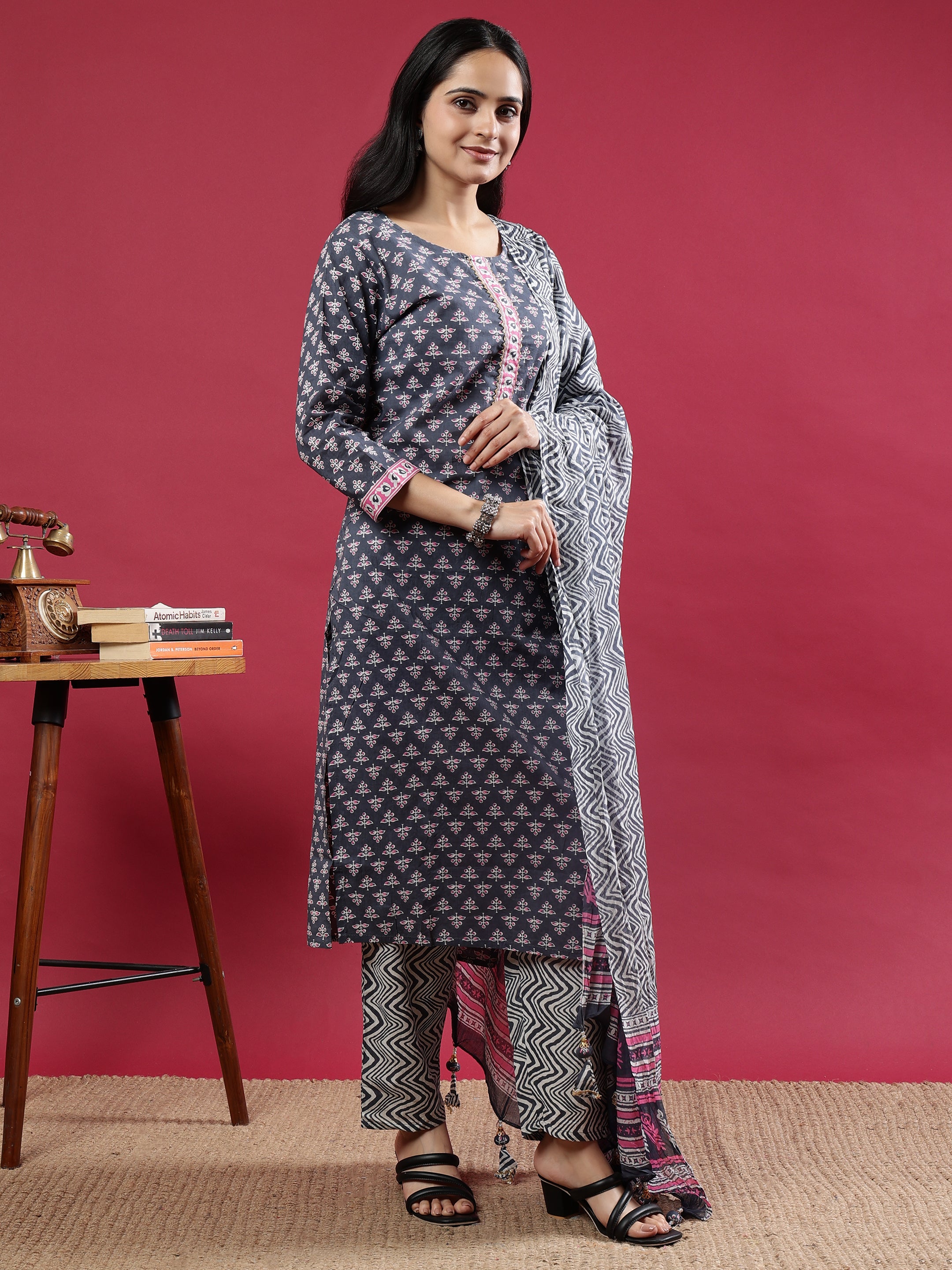 Grey Handblock Printed Rayon Kurta Set with Pink Accents and Chevron Dupatta