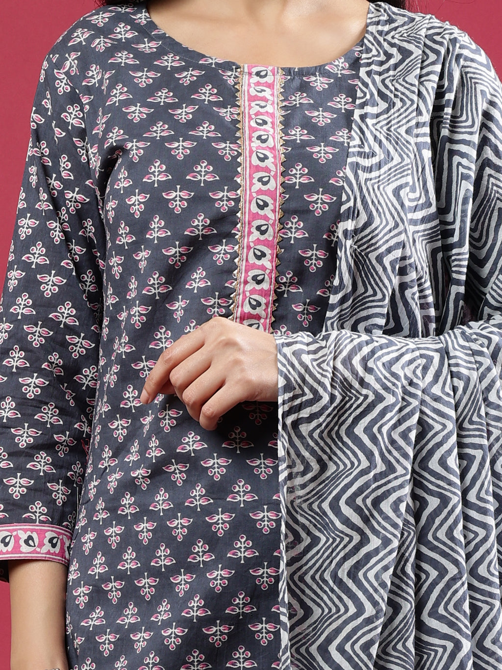 Grey Handblock Printed Rayon Kurta Set with Pink Accents and Chevron Dupatta