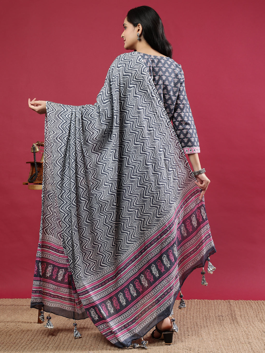 Grey Handblock Printed Rayon Kurta Set with Pink Accents and Chevron Dupatta