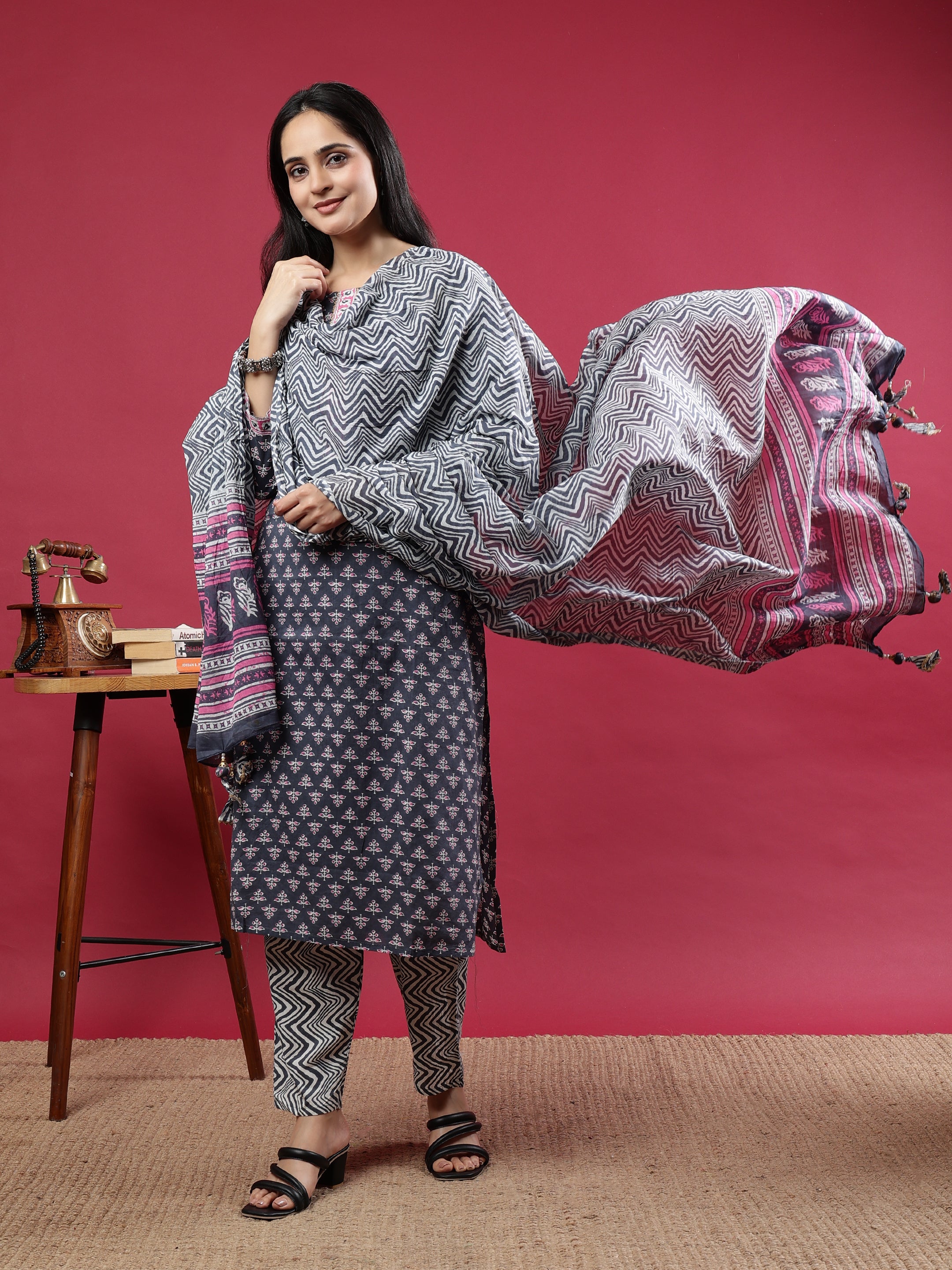 Grey Handblock Printed Rayon Kurta Set with Pink Accents and Chevron Dupatta